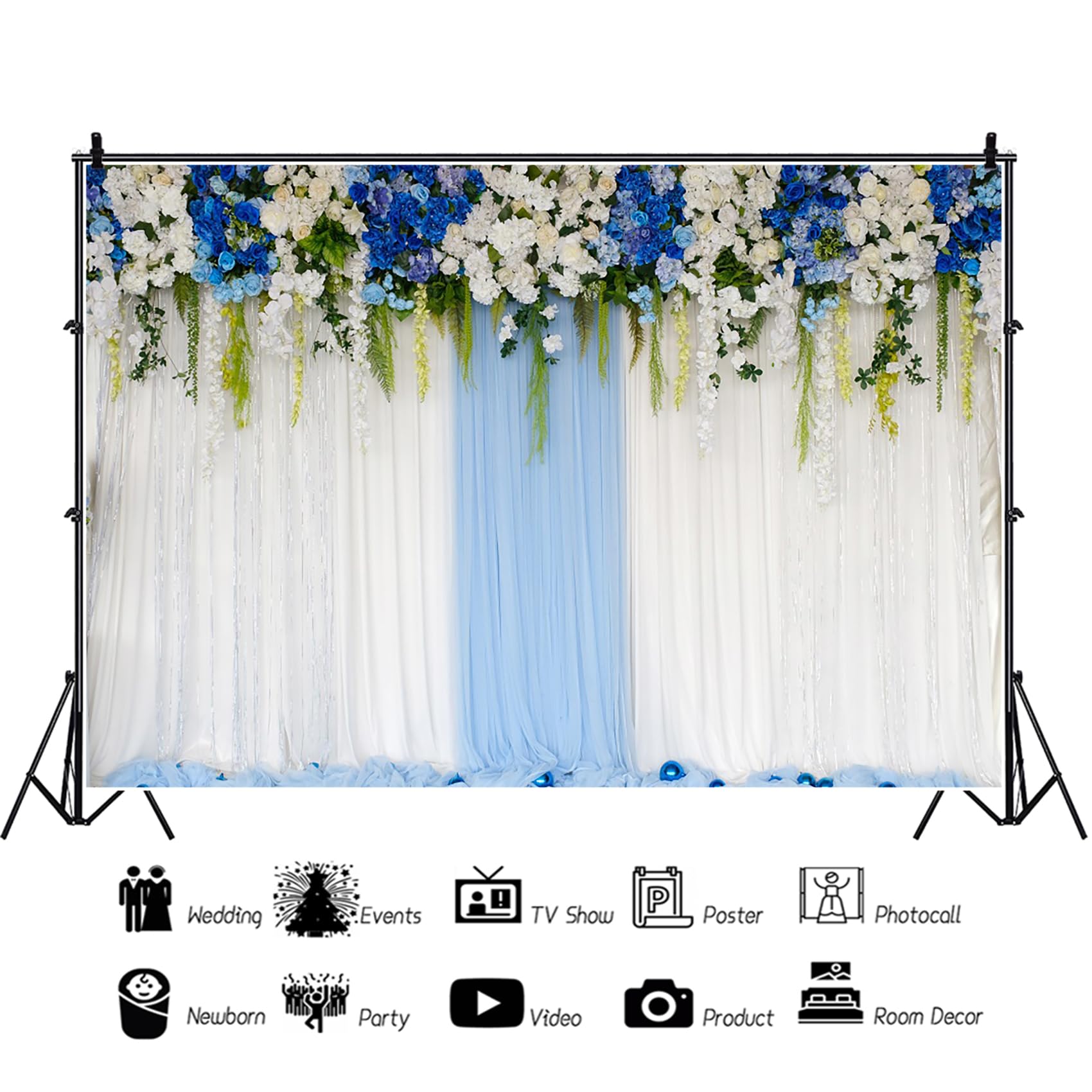 Baocicco 7x5ft Blue White Floral Polyester Photography Backdrop - Elegant Flowers & Leaves Design for Wedding, Valentine's Day Decor, Photo Studio Props & Wall Hanging (Ideal for Ceremonies, Parties, Portrait Photography)