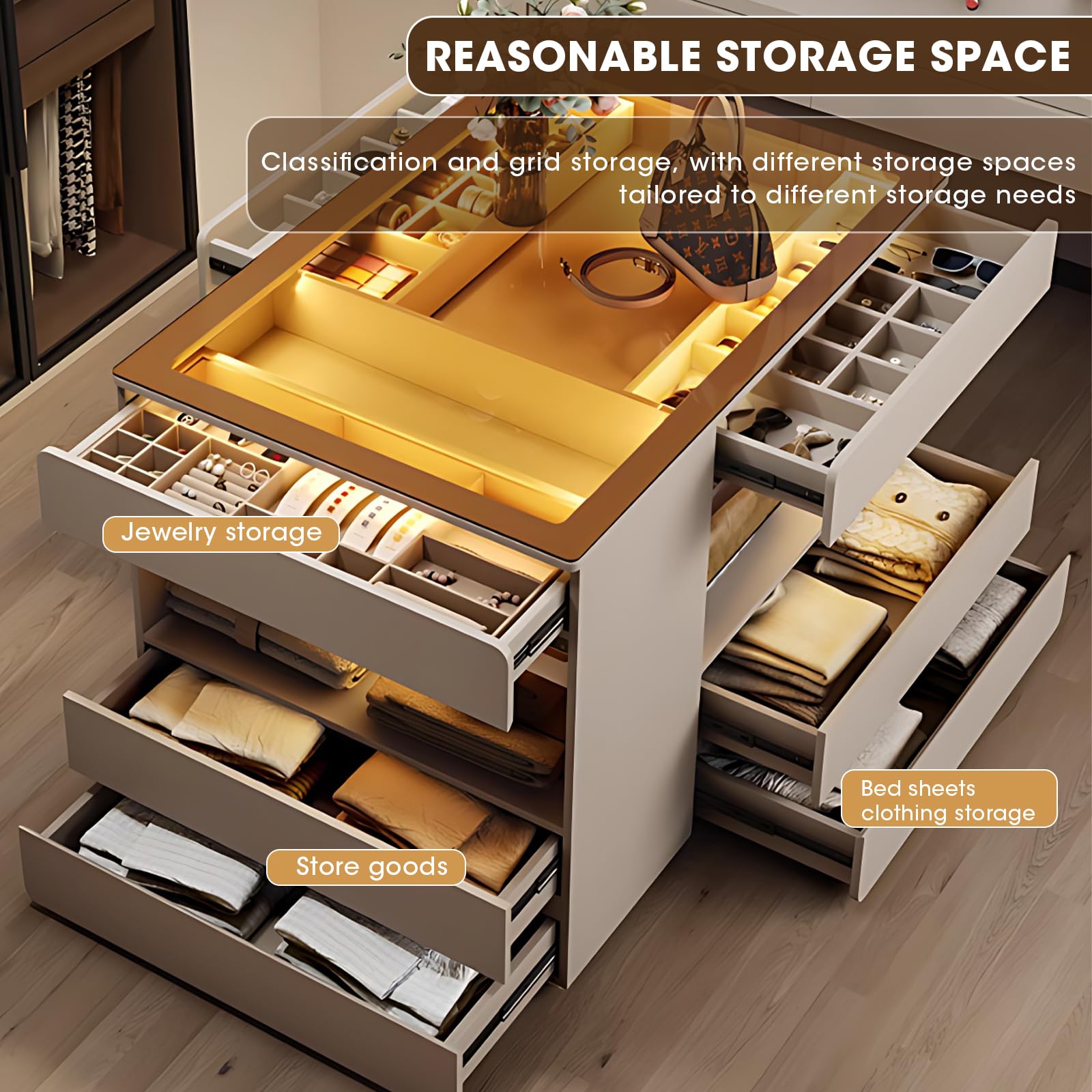 Luxury Armoire Bedroom Island with Spacious Transparent Storage & Jewelry Organizer - Glass Top Dressing Table with LED Mood Lighting, Removable Closet Island & Multi-Drawer Design (47.24 Inch) - Perfect for Master Bedroom, Walk-in Closet & Vanity Dressing Area