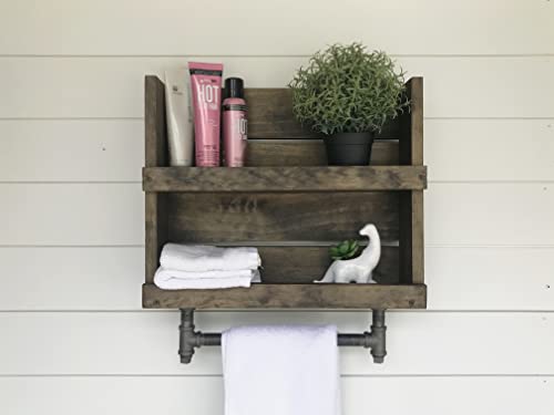 Handmade Custom Bathroom Shelf with Iron Pipe Towel Bar - Rustic Farmhouse Bathroom Organizer Storage for Cabin, Lake House & Vintage Home Decor | Perfect for Small Bathroom Organization & Towel Hanging