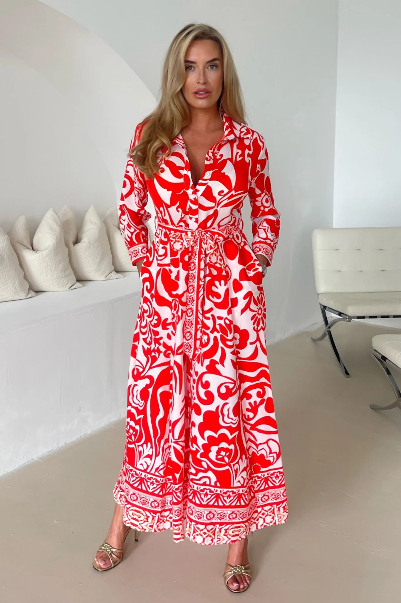 Angela Maxi Dress with Floral Print - Women's Long Sleeve Flowy Shirt Dress in Red - Perfect for Casual Wear, Office Outfits and Special Occasions