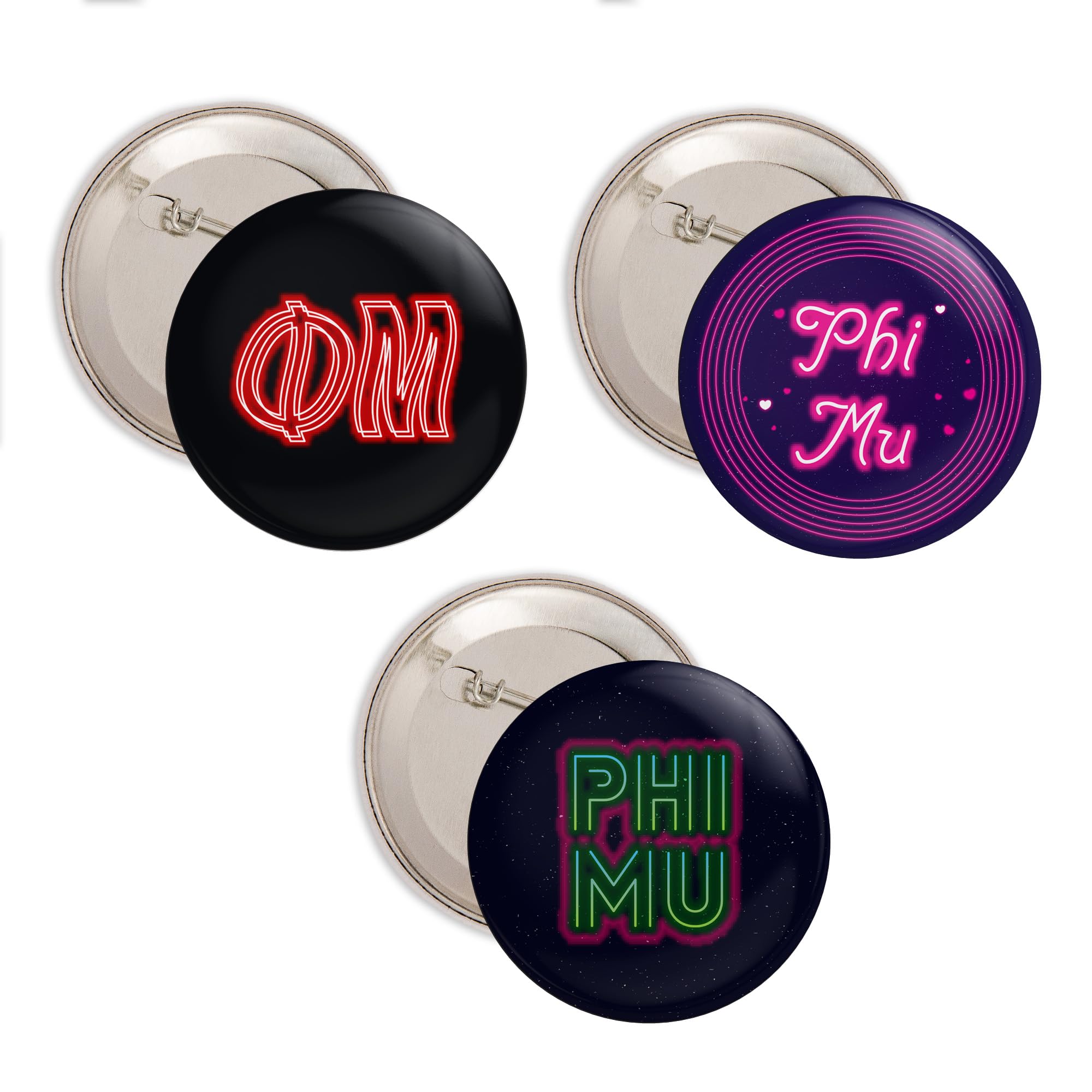 Phi Mu Sorority Cactus Pin Set - 3 Piece Variety Badge Collection with 2.25 Inch Neon Buttons - Perfect for Greek Life, Backpacks & Sorority Events