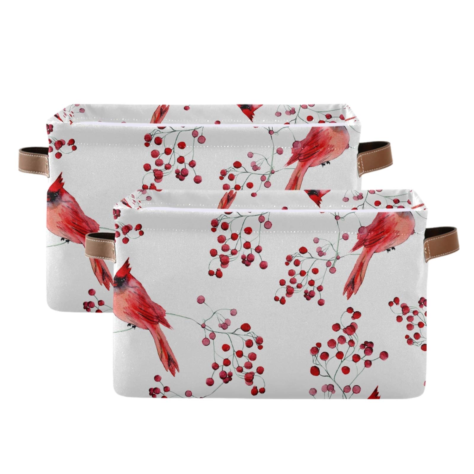 Susiyo Large Foldable Storage Bin - Winter Cardinal Birds Fabric Collapsible Basket with PU Handles | 2-Pack Organizer for Shelves, Closet, Bedroom & Living Room | Perfect for Seasonal Decor, Toy Storage & Home Organization