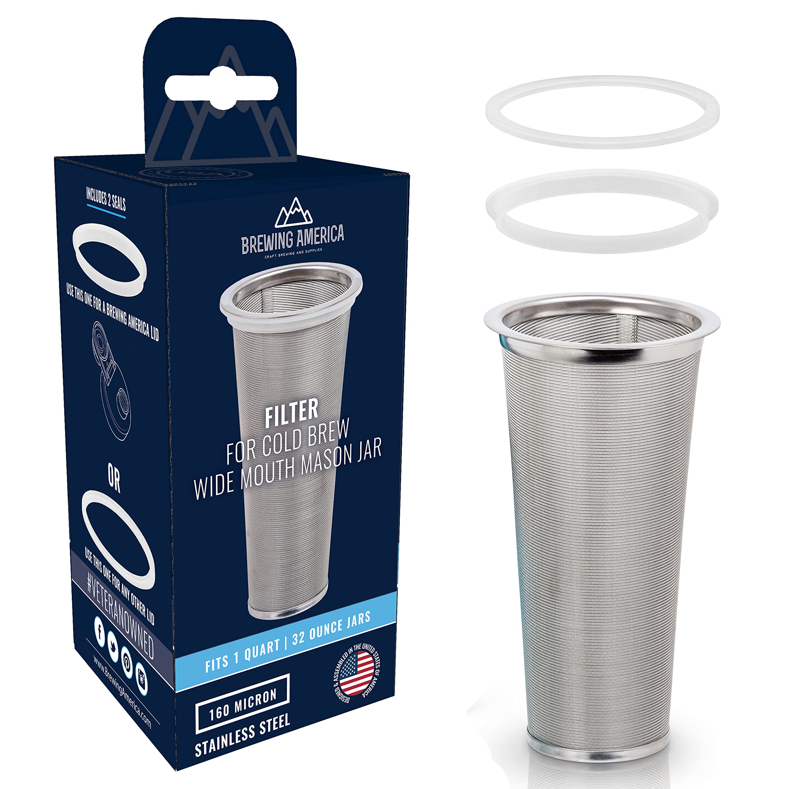 Premium Cold Brew Coffee Filter for Mason Jars - UPGRADED Stainless Steel Mesh with 2 Silicone Seals (32oz/1 Quart Wide Mouth) - Perfect for Iced Coffee, Cold Brew Concentrate & Homemade Tea Infusions