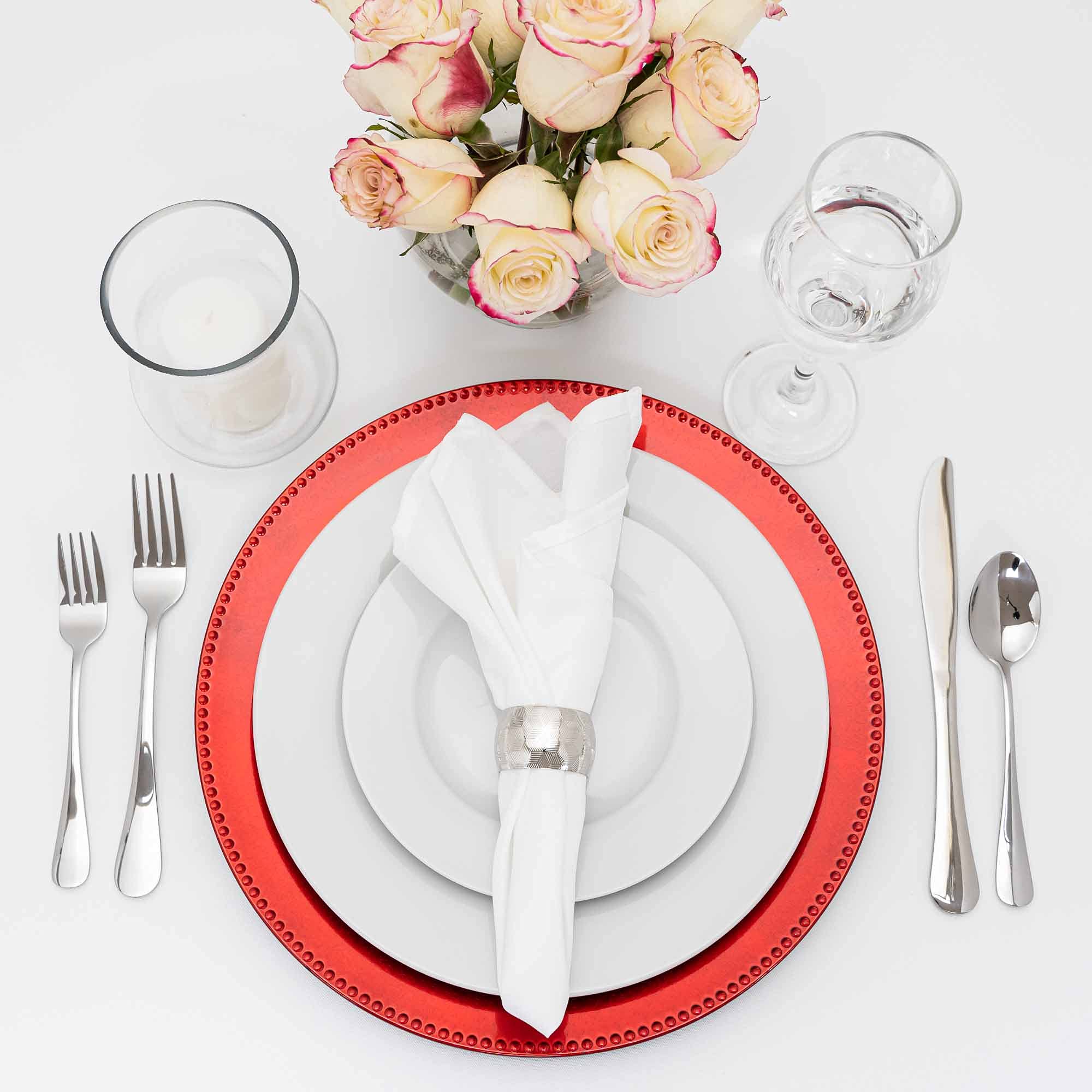 Elegant Beaded Edge Plastic Charger Plates - 13 Inch Red Glossy Dinner Plates for Weddings, Parties, Events - Set of 24 - Perfect for Quinceañeras, Banquets & Formal Dining Decor