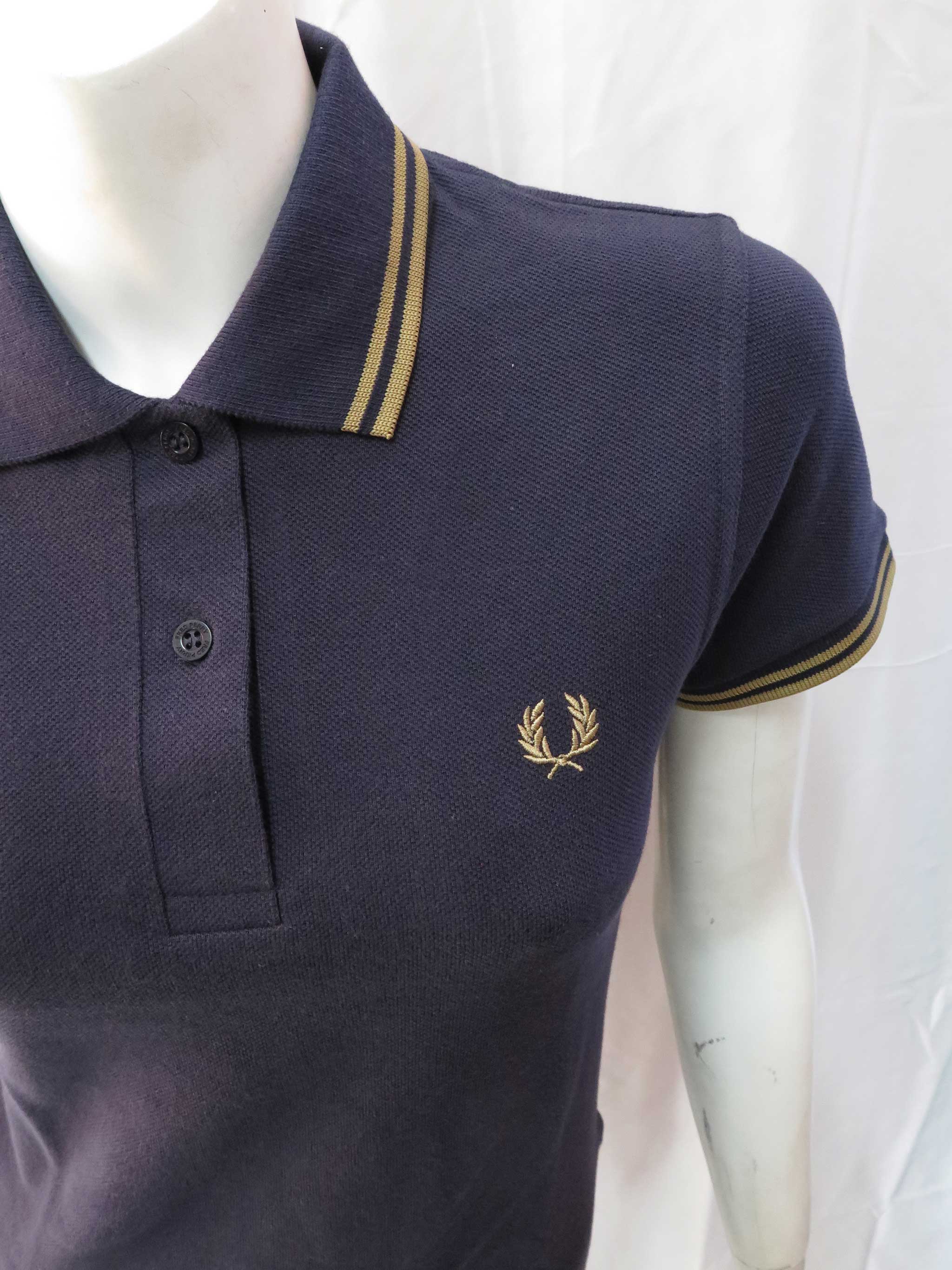 Original Women's Fred Perry Polo Shirt - Made in England - Navy & Gold Stripe | Classic Casual Wear for Women | Perfect for Office, Golf & Everyday Outfits