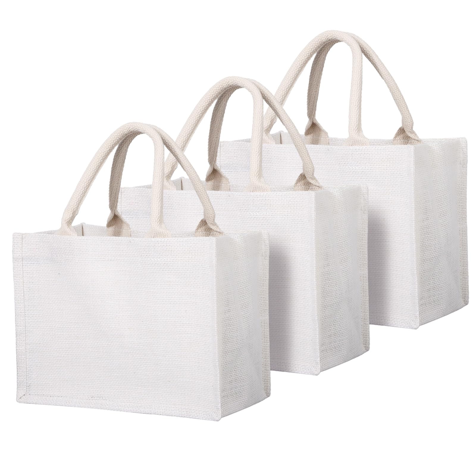 Segarty 3-Pack Small White Jute Bags - Reusable Burlap Canvas Tote Bags with Handles | Eco-Friendly Blank Gift Favors for Beach Trips, Weddings, Grocery Shopping & Daily Use