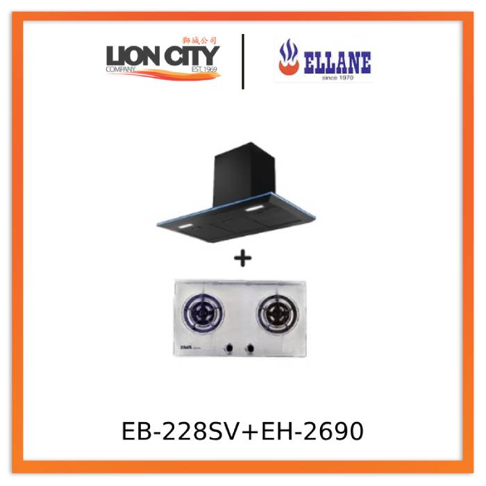 Ellane EH 2690 90cm Black Designer Chimney Range Hood with Ellane EB 228SV 75cm 2-Burner Stainless Steel Gas Cooktop - Modern Kitchen Ventilation & Cooking Solution for Home Chefs