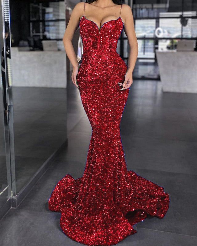 Mermaid Purple Sequin Prom Dress - V Neck Formal Evening Gown with Spaghetti Straps for Homecoming, Pageant, and Special Occasions
