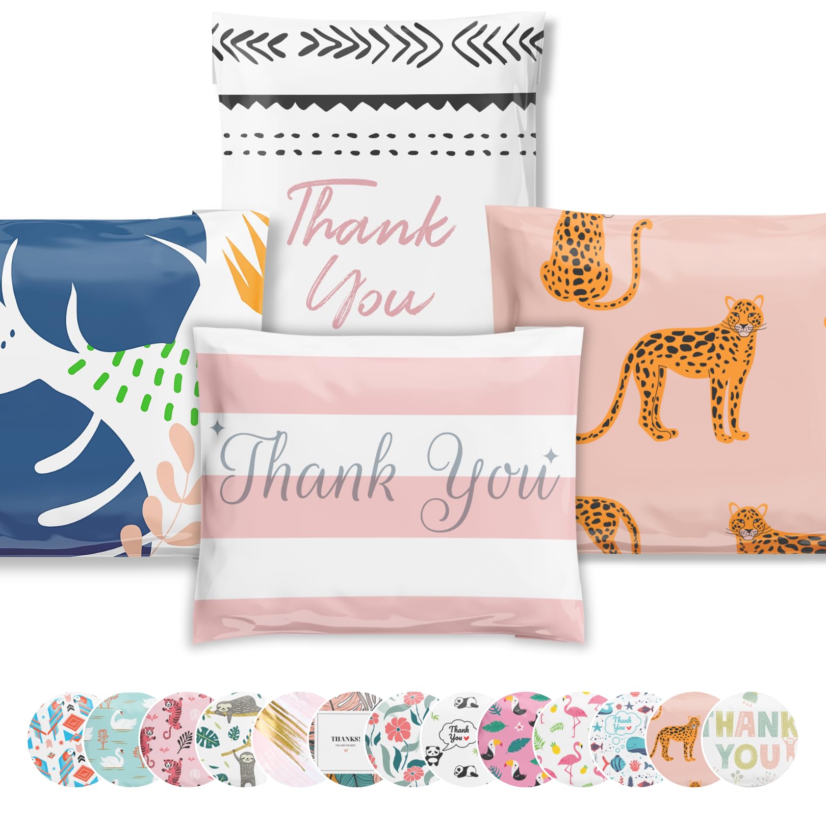 10x13 Poly Mailers 100 Pack - Self-Sealing Waterproof Shipping Envelopes for Small Business | Durable Cheetah & Floral Thank You Packaging | Ecommerce Sample Variety Pack | Perfect for Online Stores, Subscription Boxes & Gift Packaging