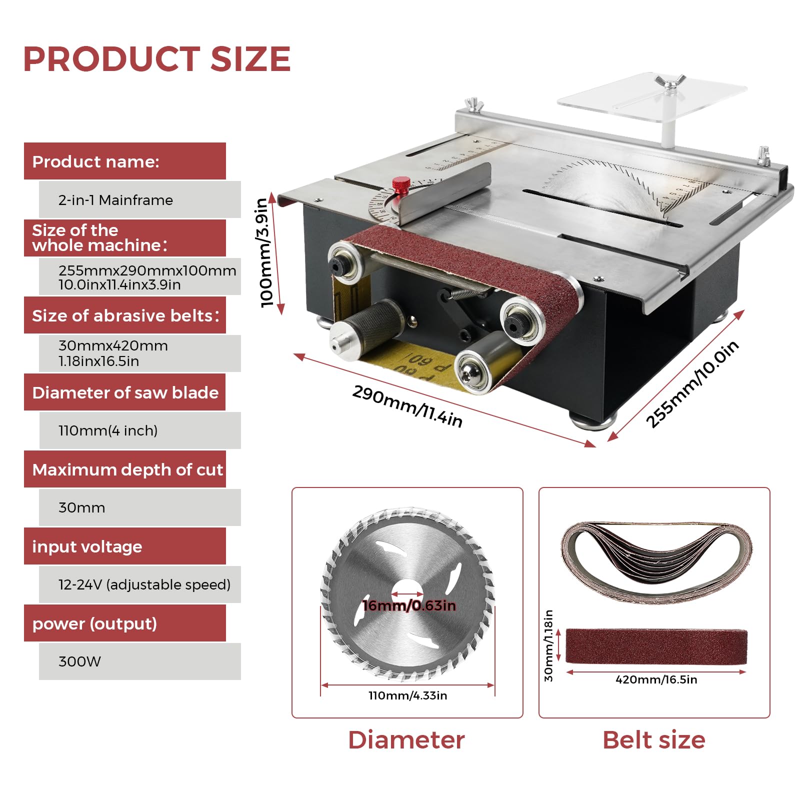 Twotrees Mini Table Saw & Belt Sander Combo - 300W Dual Motor with 10 Sanding Belts (1.2x16.5in) for Metal, Wood, Aluminum Cutting & Polishing | Perfect for DIY Projects, Woodworking & Metal Crafting