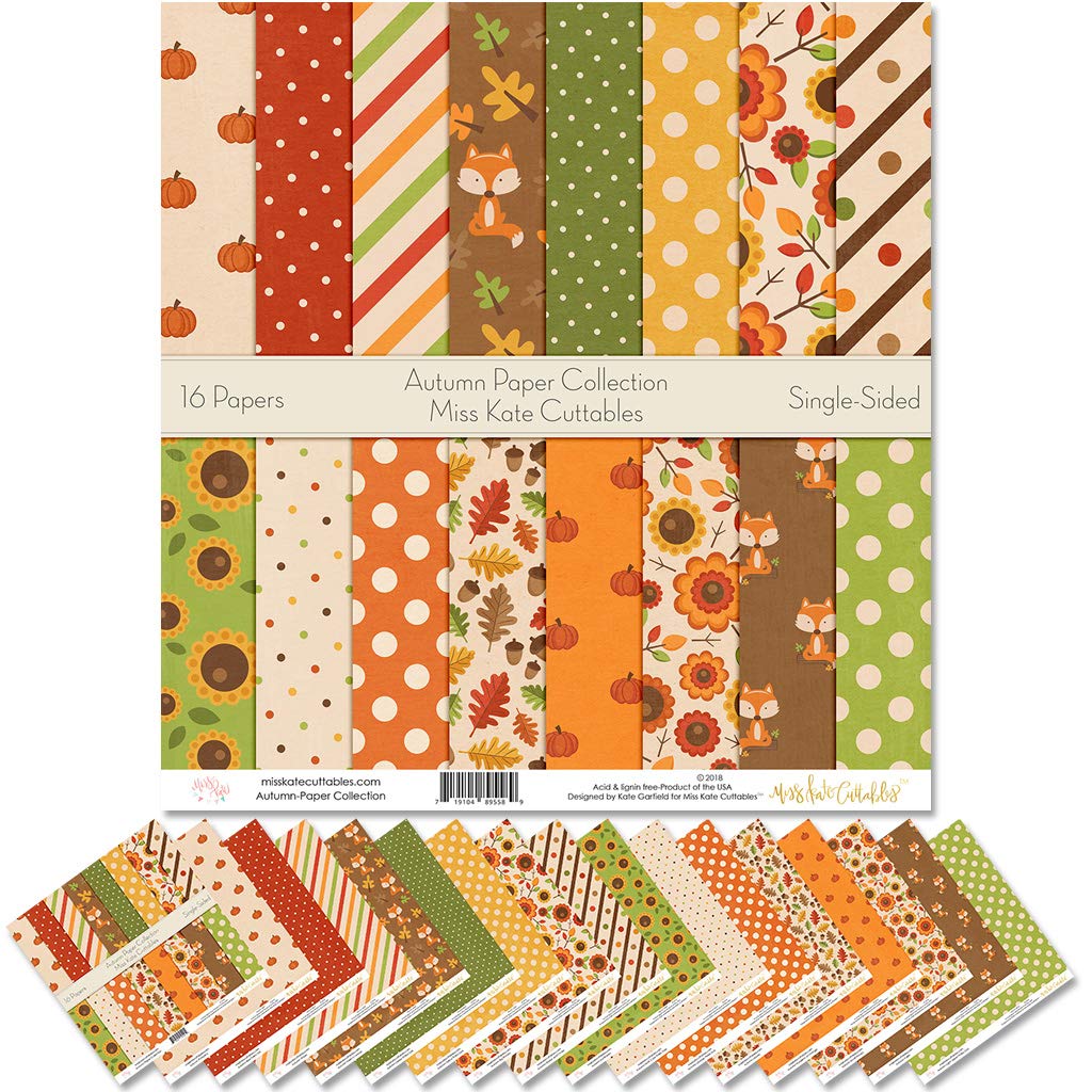 Miss Kate Cuttables Autumn Scrapbook Paper Pack - Premium 12x12 Single-Sided Pattern Paper Collection (16 Sheets) - Perfect for Fall Crafts, DIY Scrapbooking, and Seasonal Home Decor Projects