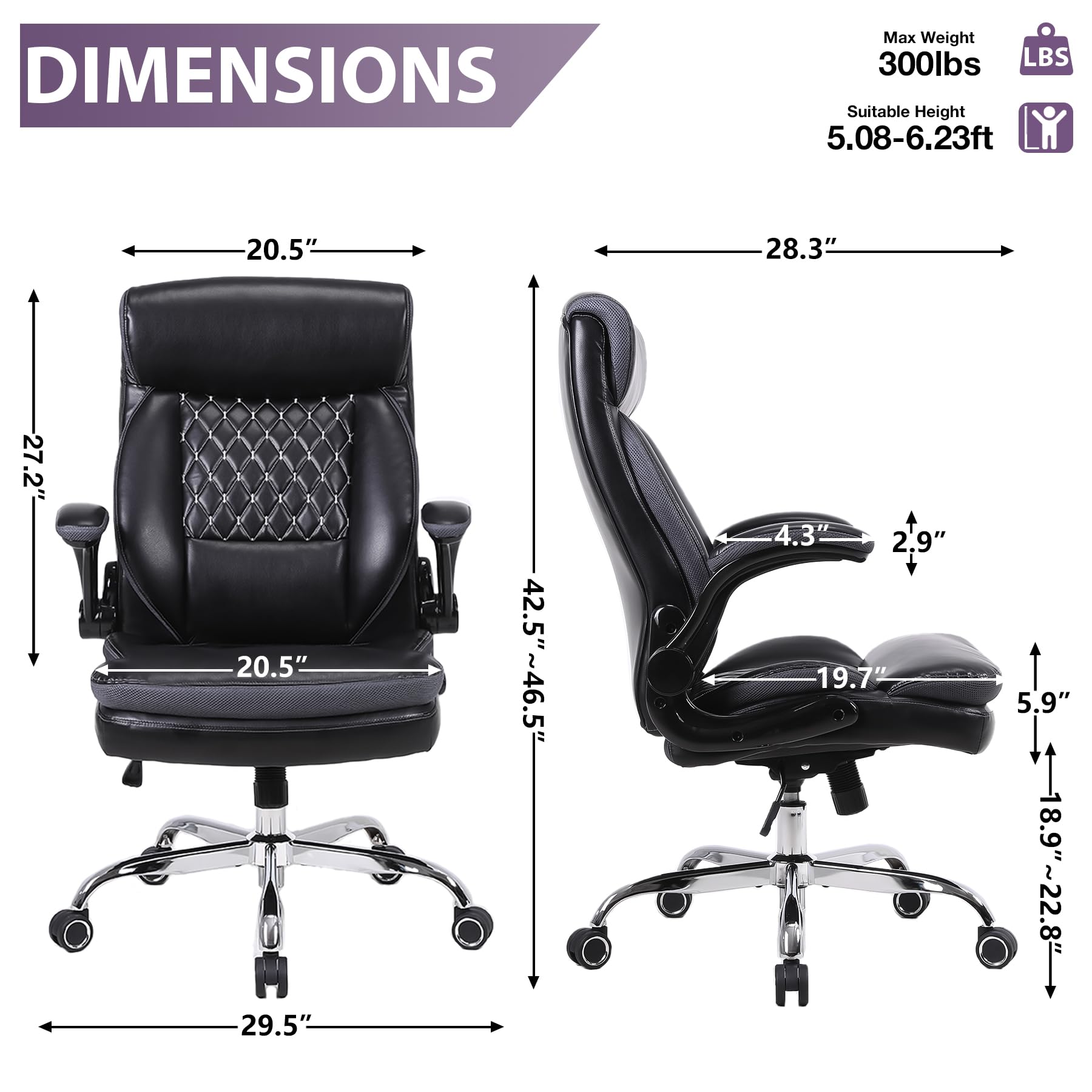 Premium High Back Executive Leather Office Chair - Ergonomic Adjustable Swivel Task Chair with Flip-Up Arms & Rocking Function for Home & Business Workspaces