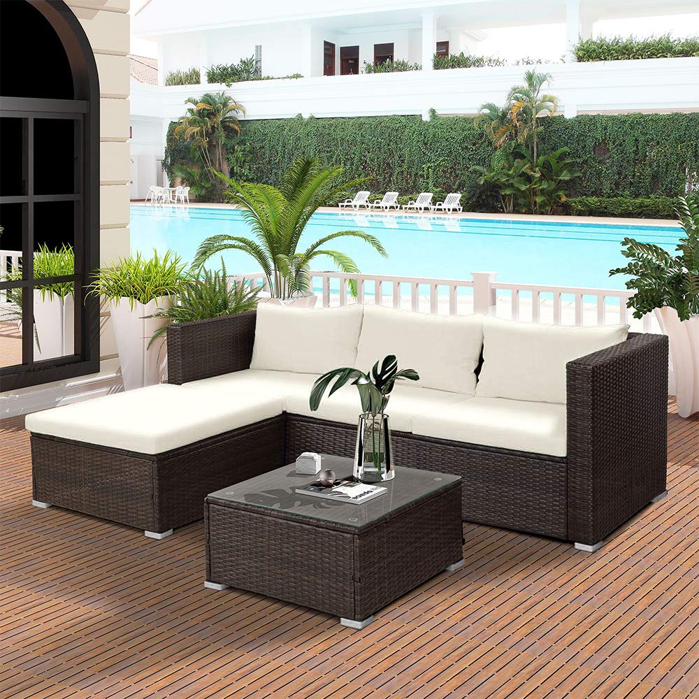 Merax 3-Piece Rattan Patio Furniture Set with Cushions - Wicker Sofa Sectional Outdoor Garden Set (Beige) - Perfect for Backyard, Poolside & Patio Relaxation