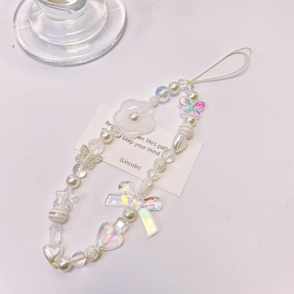 Pink Cute Beaded Phone Charms Strap - Aesthetic Love Pearl Phone Chain for Girls, Jewelry Lanyard with Flowers, Perfect for Everyday Use and Gift Giving