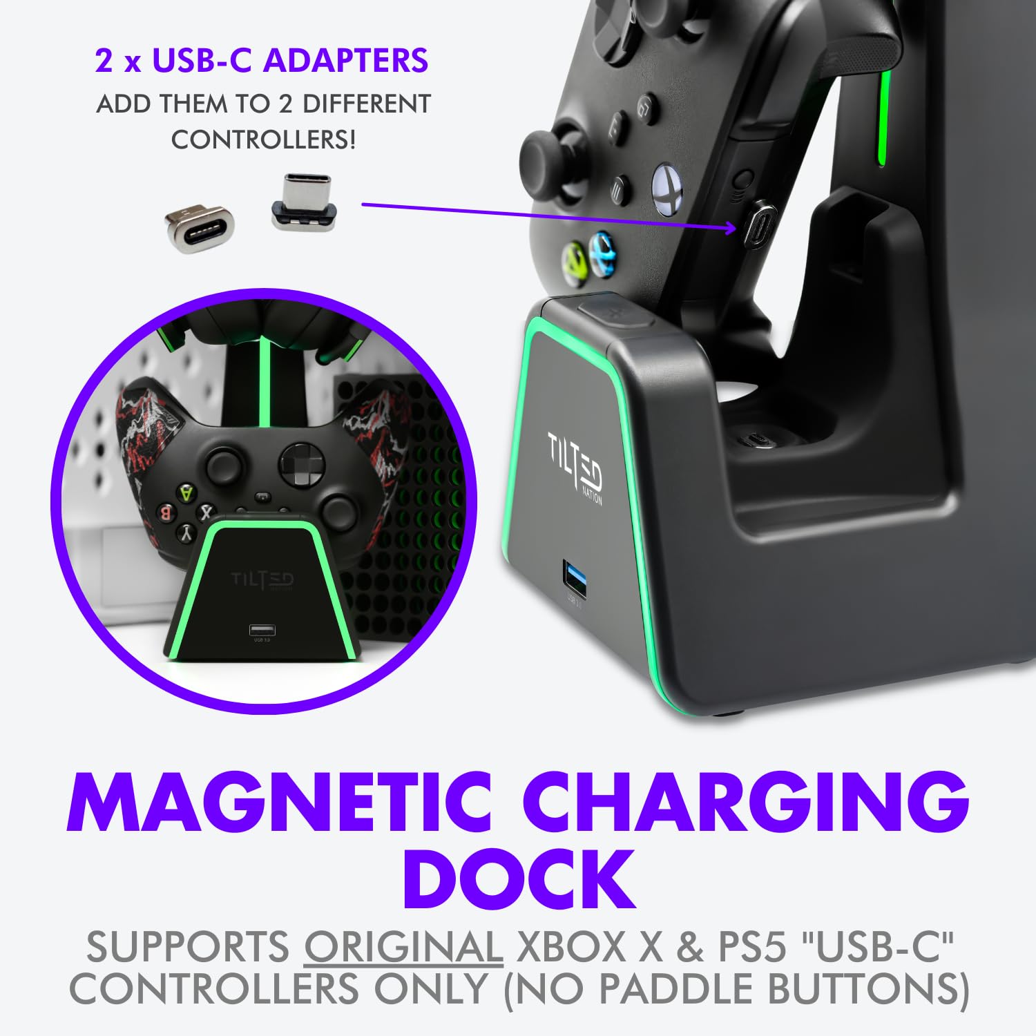 Tilted Nation 3-in-1 Gaming Headset Stand & Controller Charging Station for PS5, Xbox Series X - Magnetic Charger Dock with Headphone Holder & Game Controller Stand for Desk - Perfect for Gaming Setup & Accessories Organization