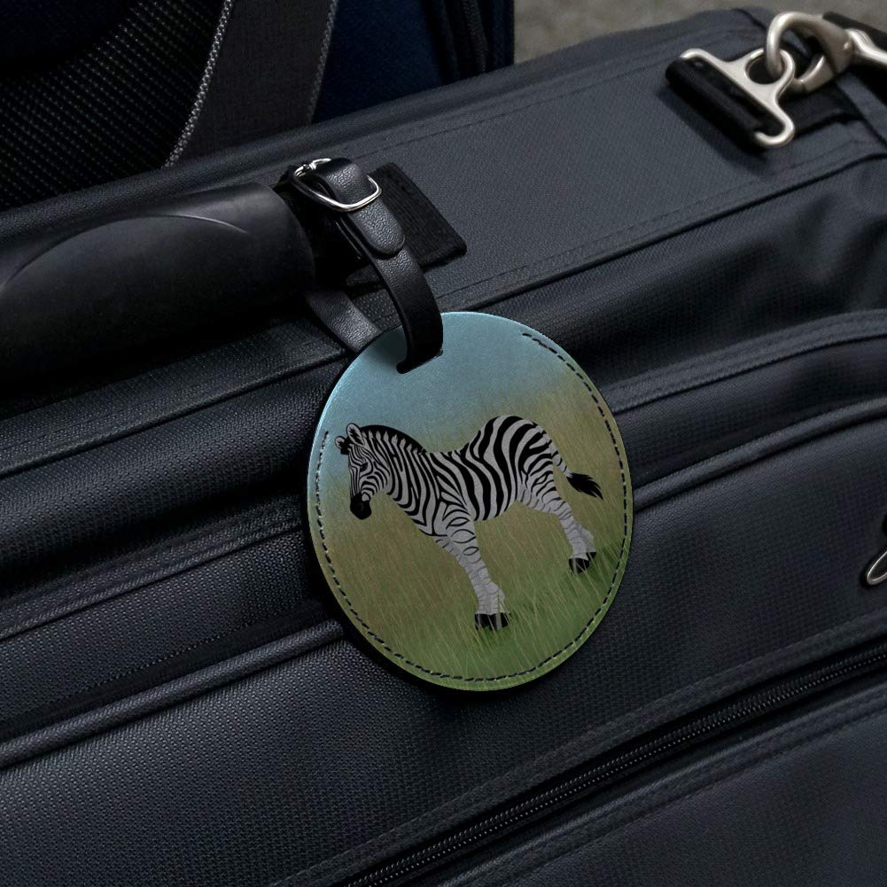 Premium Round Leather Luggage Tag with Zebra in Grasslands Design - Durable Carry-On ID Tag for Suitcases, Backpacks & Travel Bags | Perfect for Air Travel, Business Trips & Vacation Identification