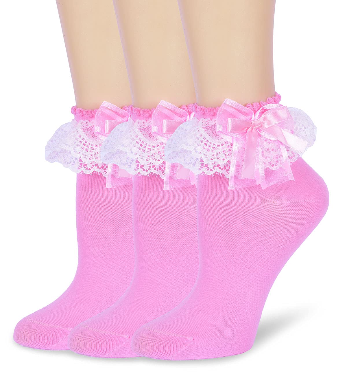 Cute Lolita Kawaii Ruffle Lace Socks for Women & Girls - 3 Pairs Frilly Ankle Socks (Pink) - Perfect for Cosplay, Tea Parties & Kawaii Fashion Outfits