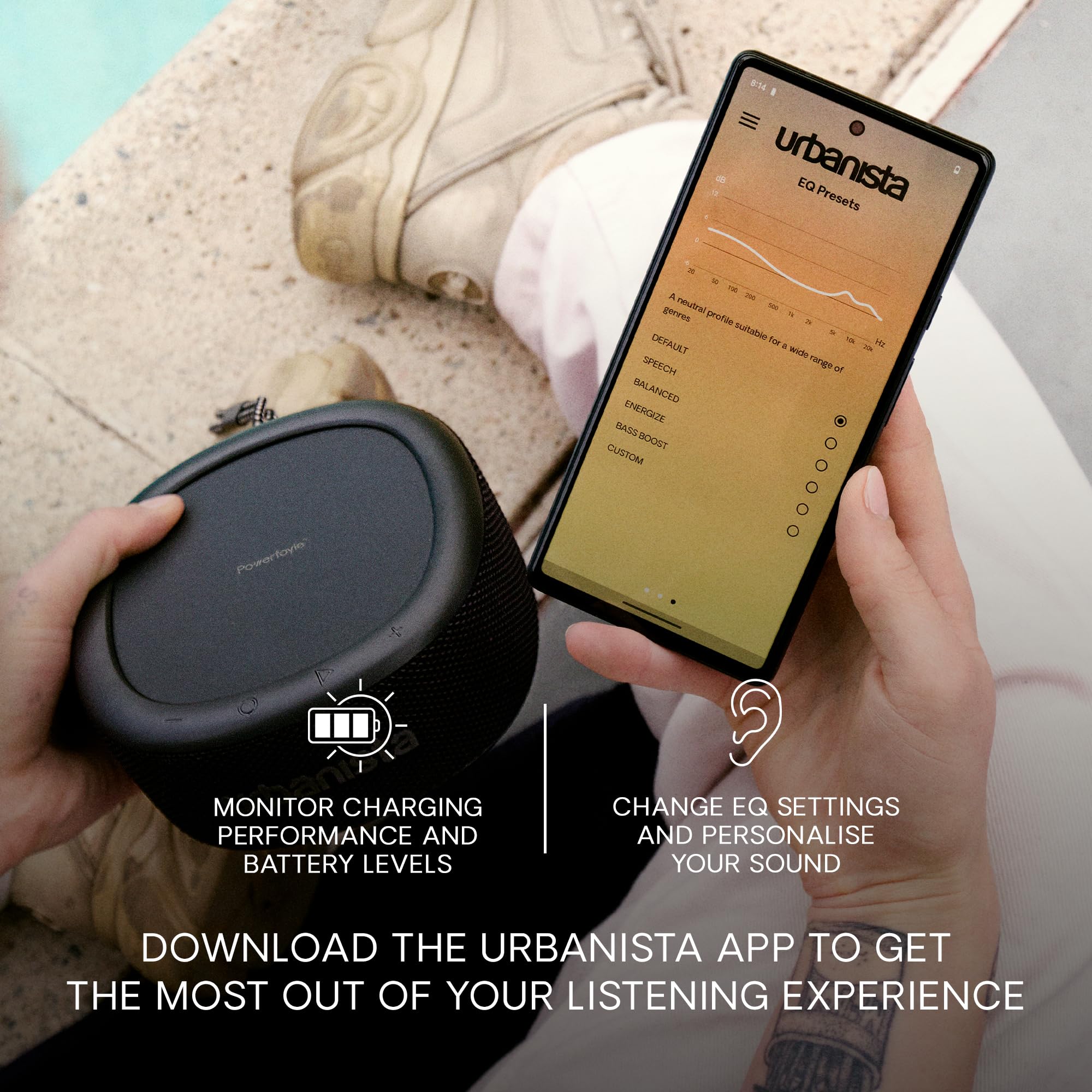 Urbanista Malibu Solar Bluetooth Speaker - 20W Wireless Portable Speaker with 45H Playtime, IP67 Waterproof, Stereo Sound & Dual Pairing - Compact Travel Speaker for Beach, Camping, Pool Parties & Home Use (Desert Grey)