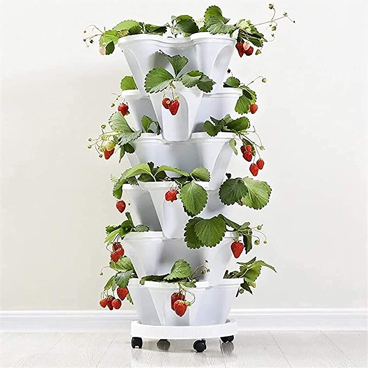 Stackable Flower Tower Planter - 5-Tier Vertical Garden Pot for Flowers, Vegetables, Melons & Fruits - Indoor/Outdoor Space-Saving Gardening Solution - Perfect for Balcony, Patio & Small Yard Planting (White)