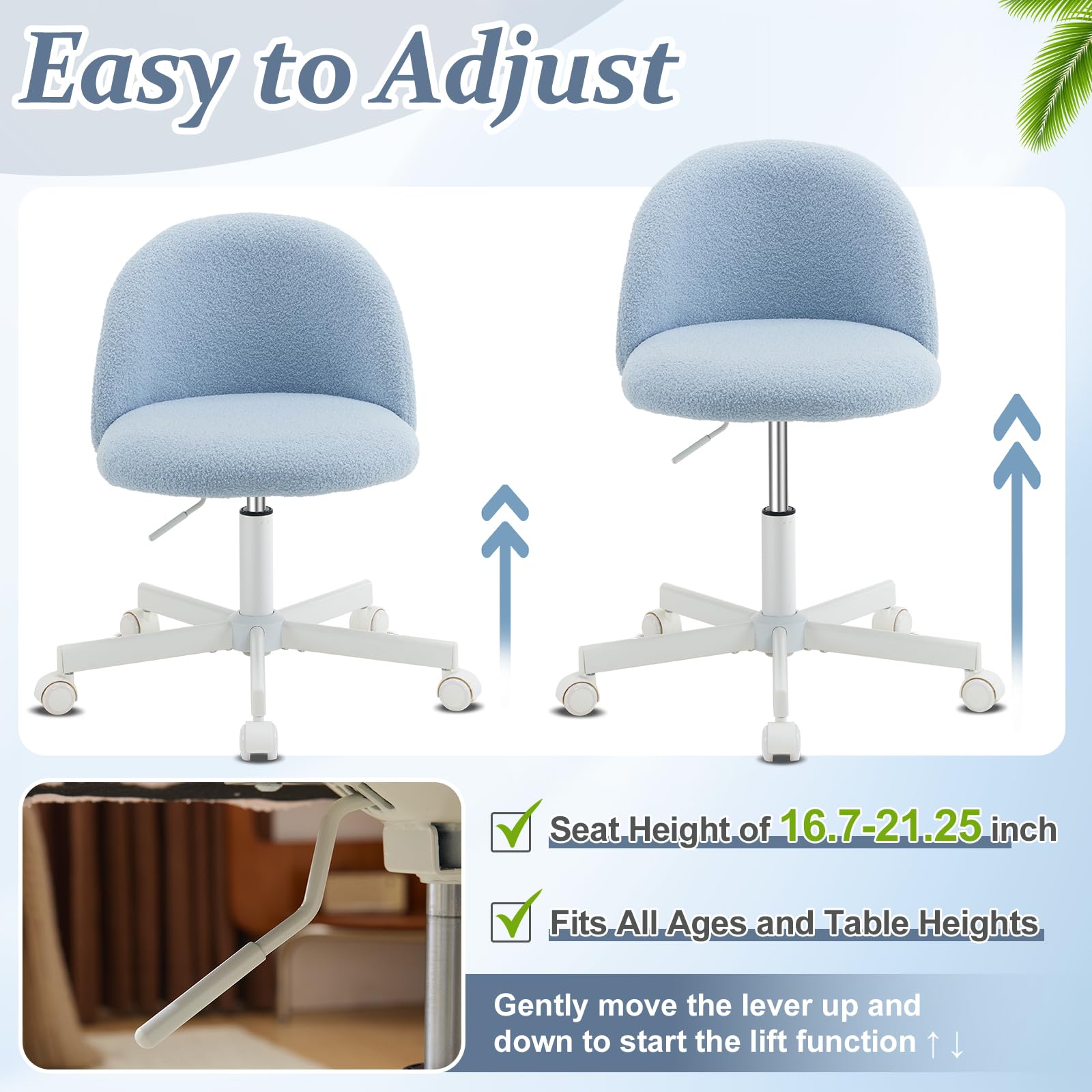 VINGLI Armless Cute Teddy Desk Chair with Wheels - Adjustable Swivel Office Chair with Lumbar Support, Comfortable Small Computer Task Chair for Home Office, Bedroom & Vanity (Poetic Blue) - Perfect for Work, Study & Makeup Stations