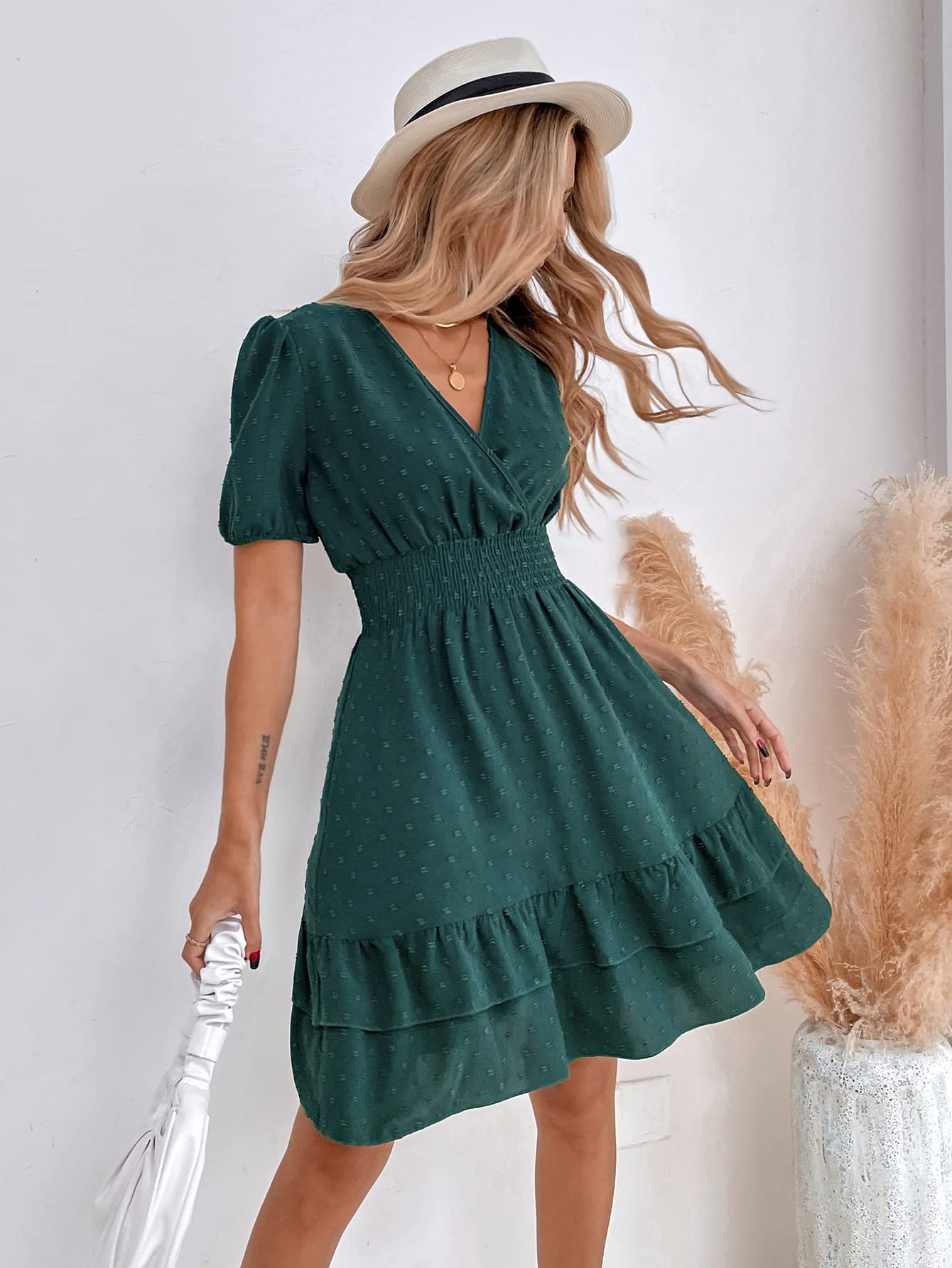 Women's Puff Sleeve Surplice Neck Swiss Dot Dress with Shirred Waist & Ruffle Hem - Dark Green XS | Summer Casual, Party Wear, Office Outfit, Date Night Dress