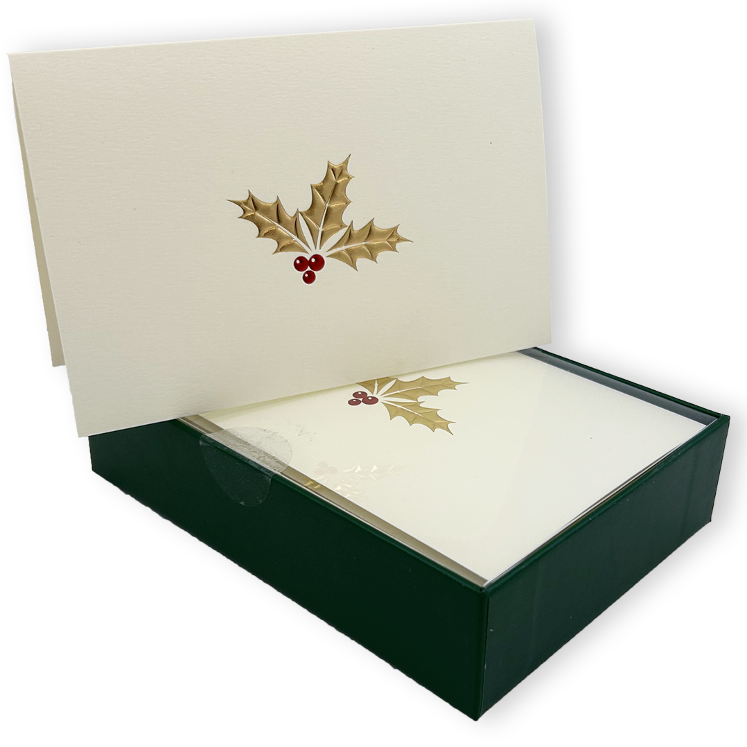 Golden Holly Embossed Note Cards - Elegant Christmas Greeting Cards for Holiday Wishes, Thank You Notes & Seasonal Correspondence (Set of 20) - Perfect for Holiday Parties, Office Gifts & Festive Mailings