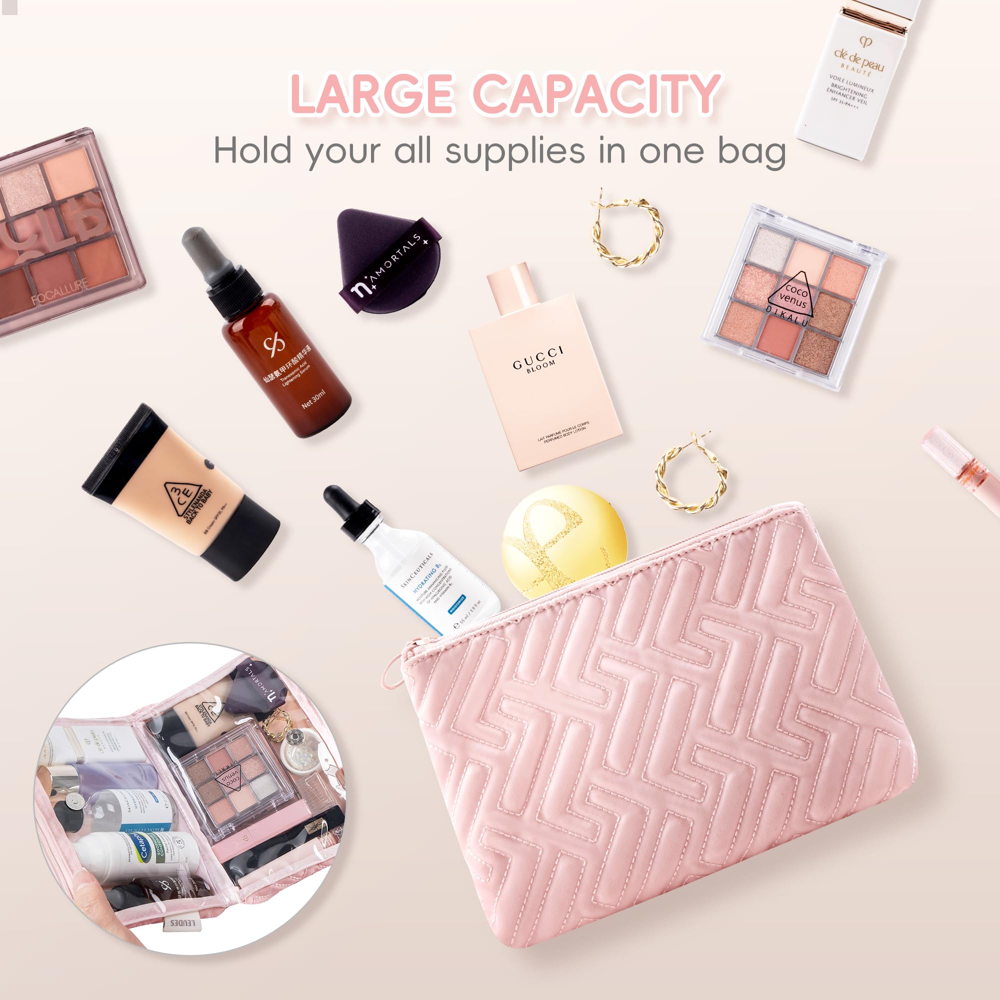 Leudes Pink Medium Makeup Bag for Women - Cute Travel Cosmetic Organizer with Zipper, Clear Skincare Pouch for Toiletries | Perfect for Traveling, Gym, Work & Daily Essentials Storage