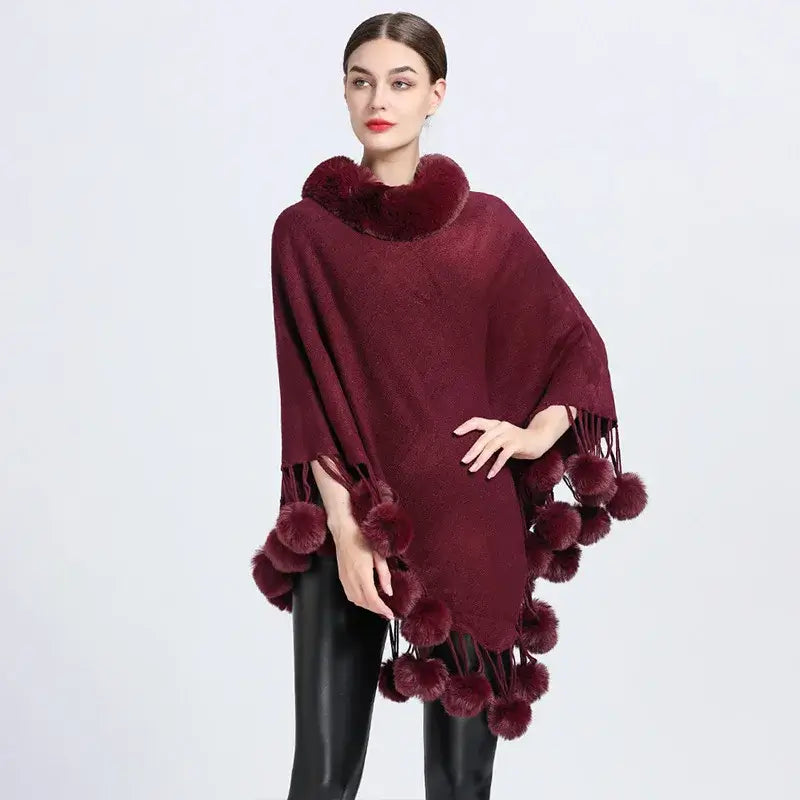 Women's Fashion Asymmetric Poncho Scarf with Soft Fur Ball Trim - Cozy Winter Wrap for Outdoors, Travel & Casual Wear