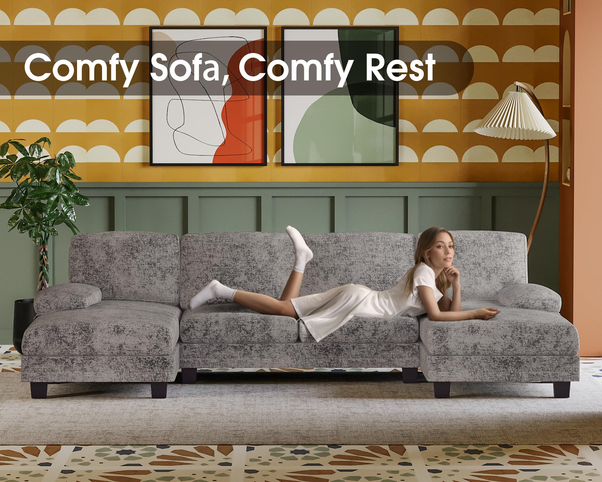 Furmax U-Shaped Sectional Sofa with Linen Fabric, 4-Seat Living Room Couch Set with Double Chaise Lounge - Modern Grey Fabric Sofa for Apartments & Small Spaces | Perfect for Family Gatherings, Movie Nights & Home Decor