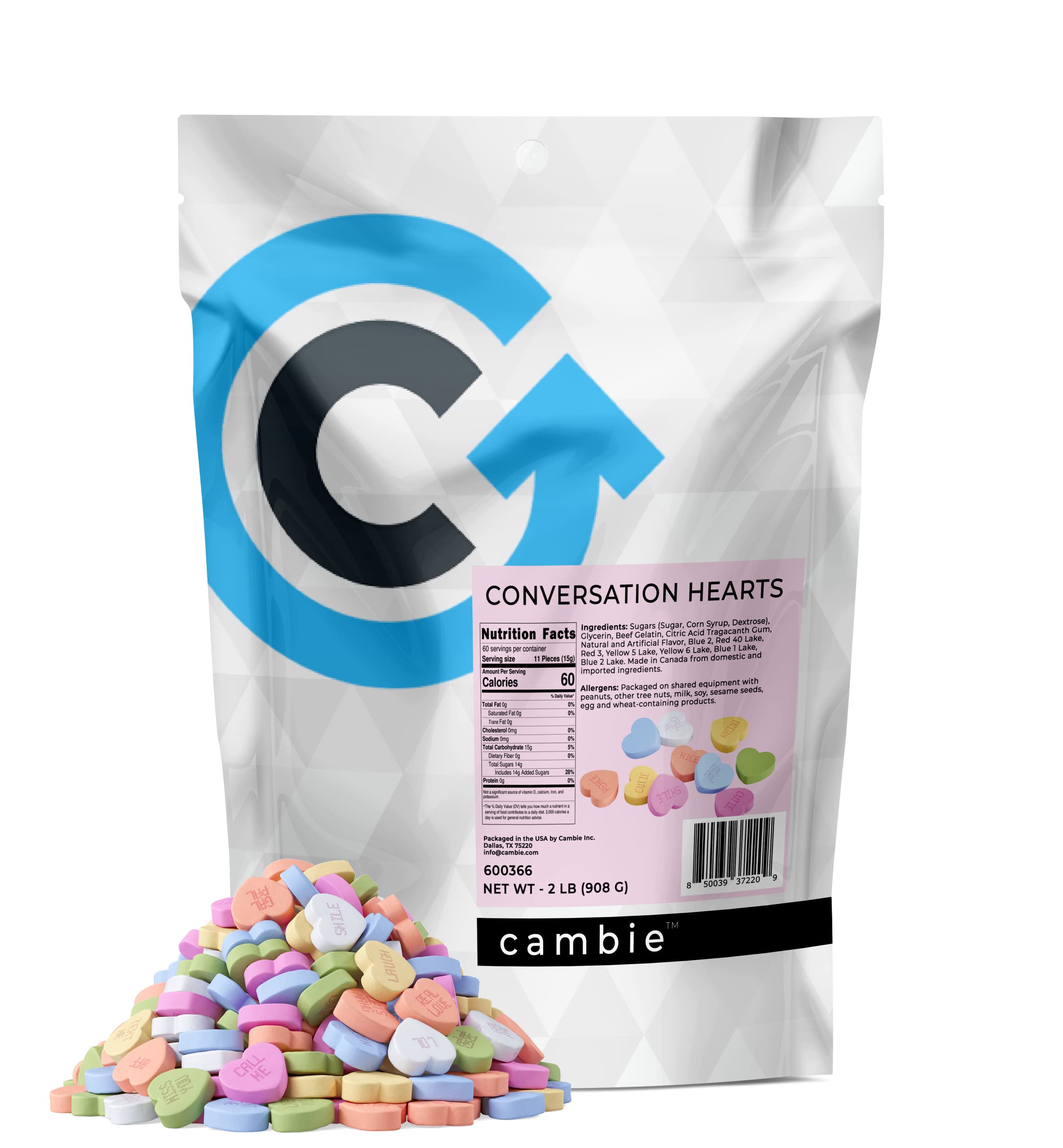Cambie Small Conversation Hearts - 2 lbs Bulk Pastel Valentine's Candy with Fruity & Mint Flavors | Colorful Sweet Treats for Valentine's Day, Weddings, Party Favors & Classroom Rewards