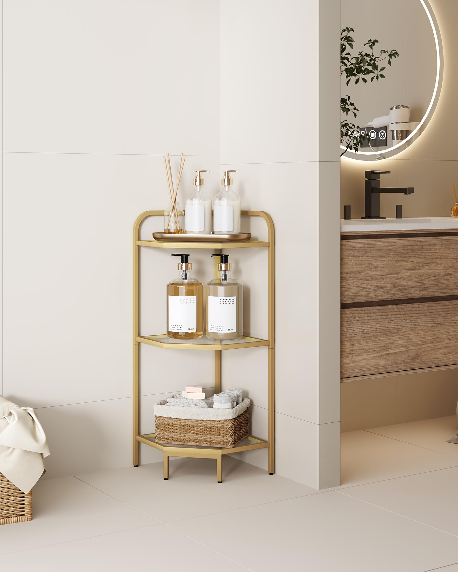 Modern 3-Tier Golden Corner Shelf Stand - Steel Frame & Tempered Glass Bookcase, Bathroom Organizer & Plant Stand - Perfect for Living Room, Kitchen, Bathroom Storage & Home Decor
