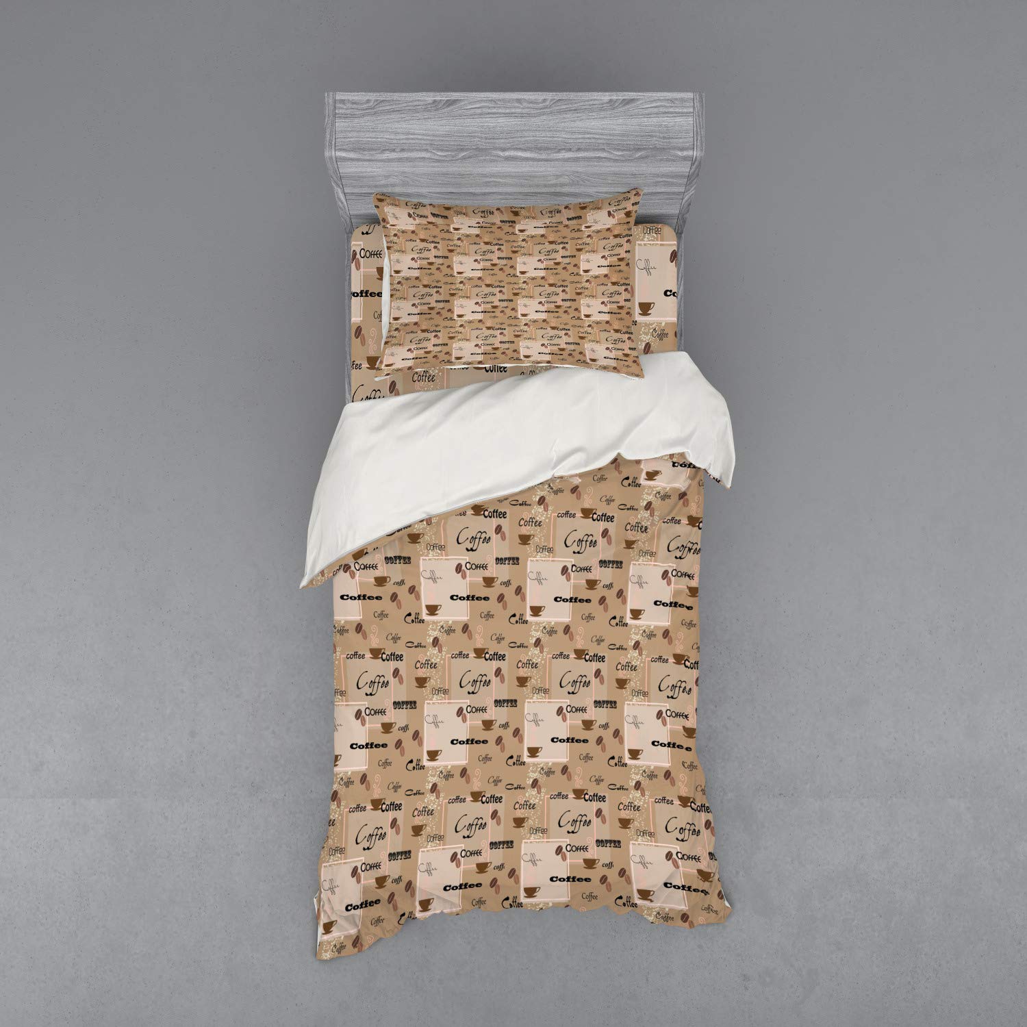 Ambesonne Coffee Themed Duvet Cover Set - Vintage Abstract Design with Coffee Beans & Cups Typography - 3 Piece Bedding Set Includes Sham & Fitted Sheet - Twin Size in Pale Brown & Black - Perfect for Coffee Lovers' Bedroom Decor