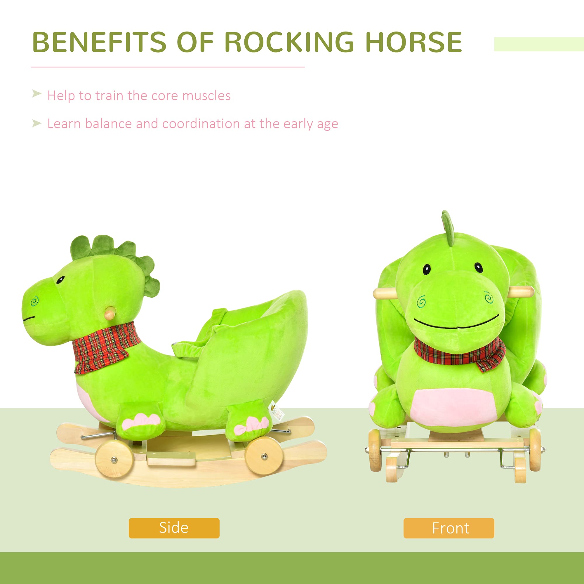 Qaba 2-in-1 Plush Rocking Dinosaur Ride-On Toy for Toddlers 18+ Months | Interactive Baby Rocking Horse with Nursery Songs | Perfect for Playtime, Nursery Decor & First Birthday Gifts