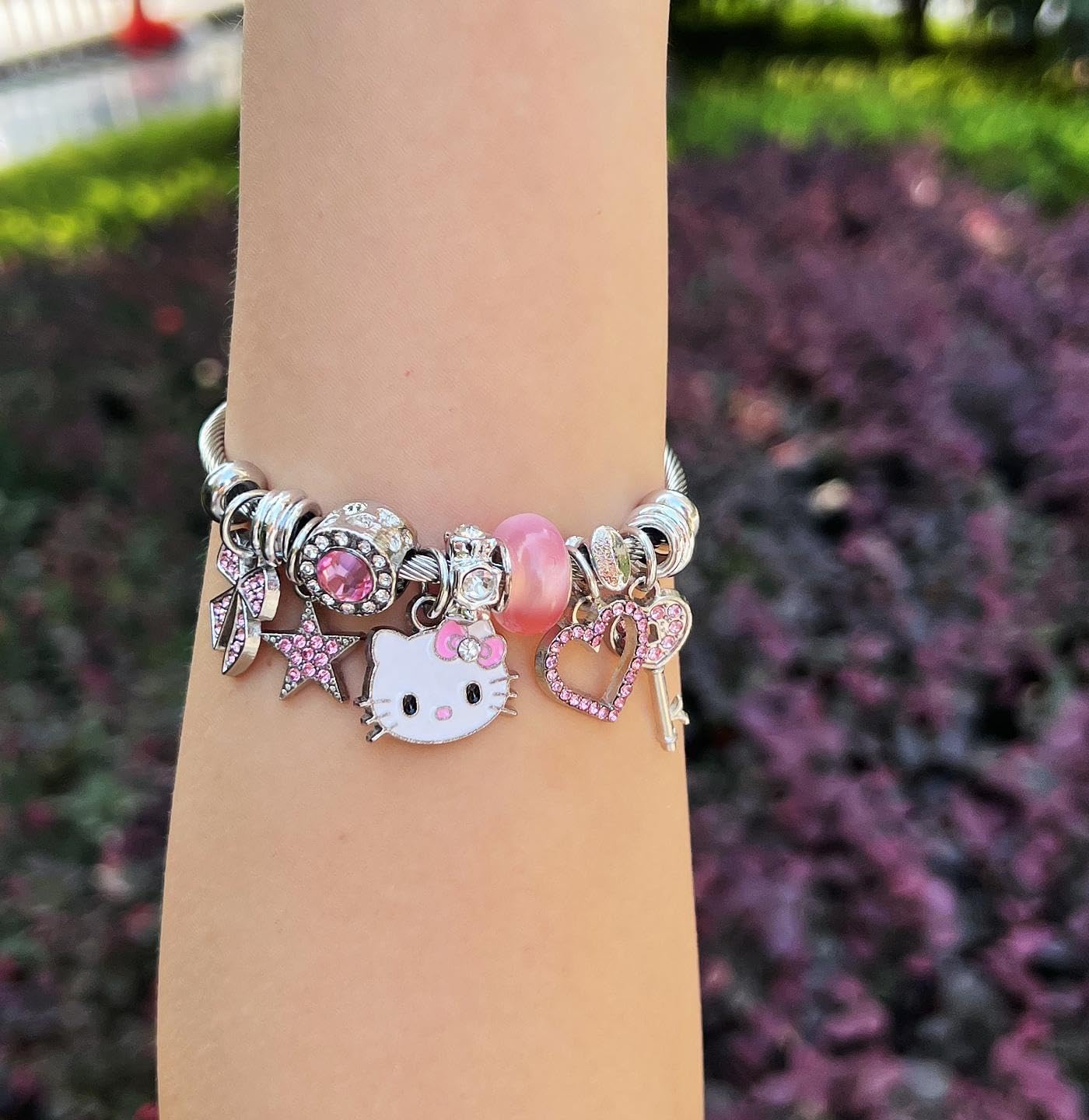 Aimery Kitty Charms Bracelet - Kawaii DIY Cartoon Bangle with Cubic Zirconia - Cute Jewelry Gift for Wife, Girlfriend, Daughter - Perfect for Birthday, Anniversary, Valentine's Day Gifts