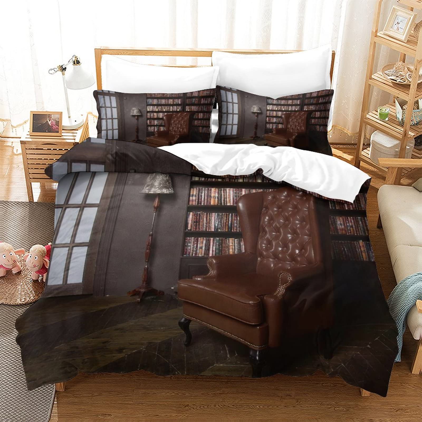 Vintage Bookshelf Comforter Set 3-Piece - Twin Size Bedding with Retro Bookcase Design - Perfect for Kids' Rooms, Dorm Decor & Book Lover Gifts