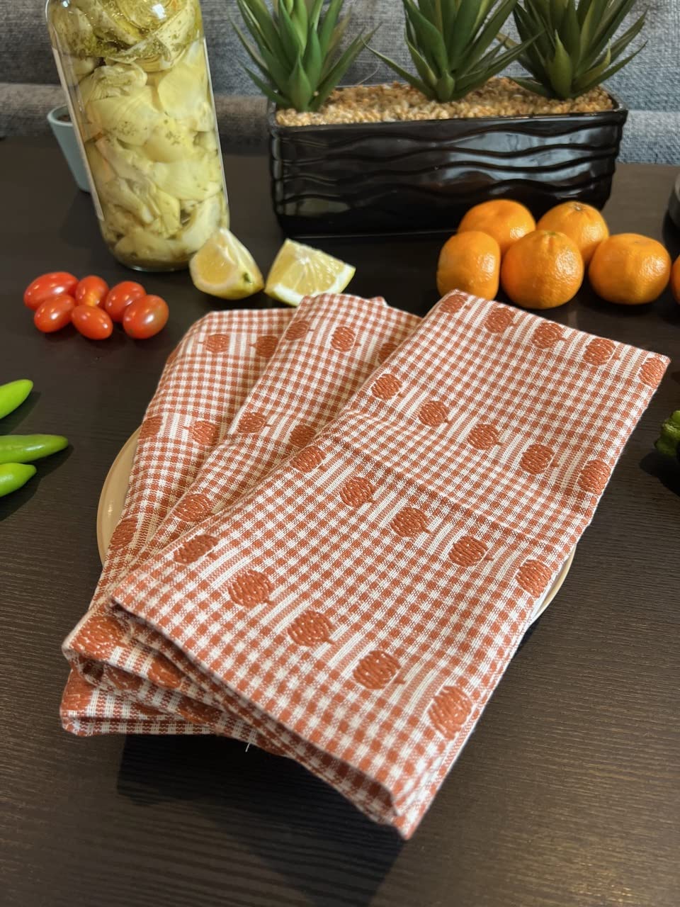12-Pack Orange Checkered Cotton Dinner Napkins | Eco-Friendly, Washable & Reusable Fabric Napkins for Kitchen, Dining Table & Halloween Parties | Soft Linen Napkin Set for Everyday Meals, Special Occasions & Holiday Decor