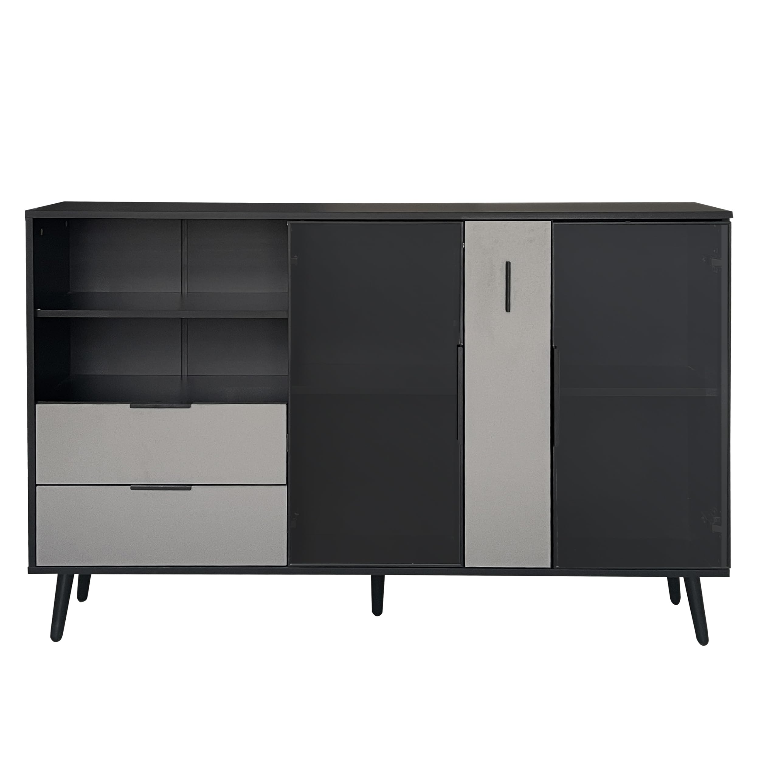Modern Storage Cabinet with Tempered Glass Doors & Drawers - Multi-Purpose Sideboard, Entryway Console Table & TV Stand with Metal Handles for Living Room, Bedroom or Office (Black & Gray) - Perfect for Organizing, Displaying Decor & Enhancing Home Aesthetics