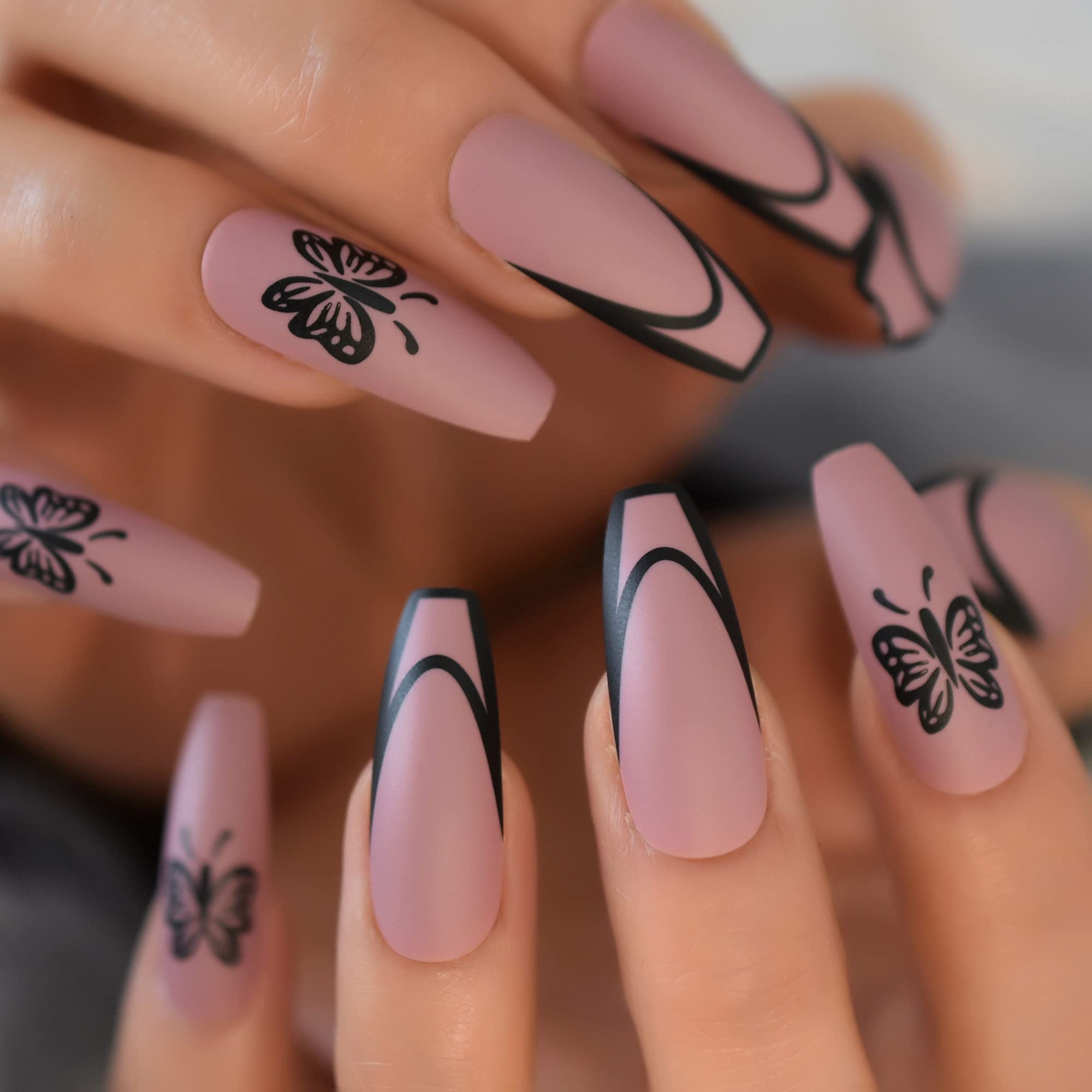 EchiQ Long Ballerina Press On Nails - Matte Butterfly Fake Nails with Decal, Coffin Shape Purple False Nails for Women | Perfect for Parties, Weddings, and Special Occasions