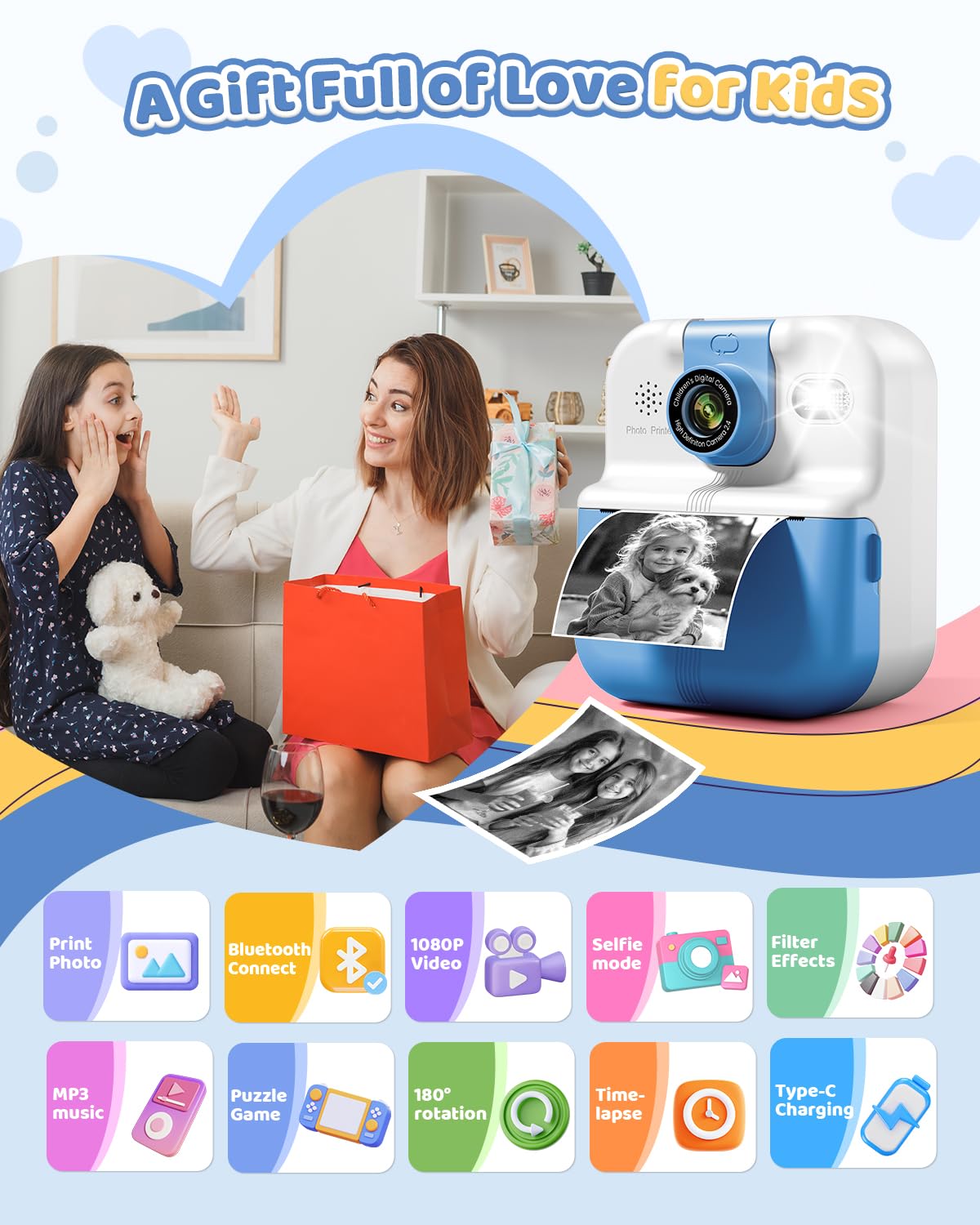 Kids Instant Print Digital Camera - Toddler Camera for Boys & Girls Ages 5-10 | Fun Birthday Gift for Children's Day, Christmas & Parties | Perfect for Travel, Playdates & Creative Learning