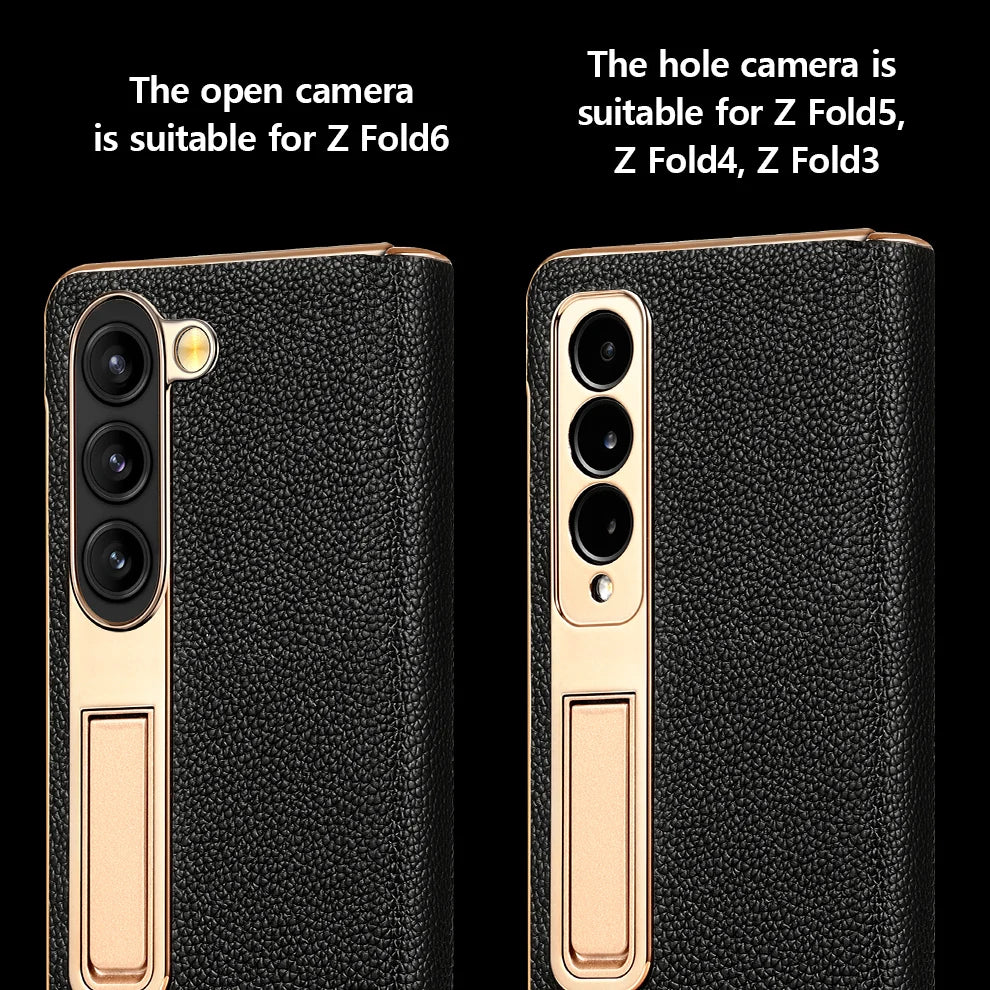 Premium Real Leather Phone Case for Samsung Galaxy Z Fold 6 with Hinge Kickstand - Slim Protective Cover for Work, Travel & Everyday Use