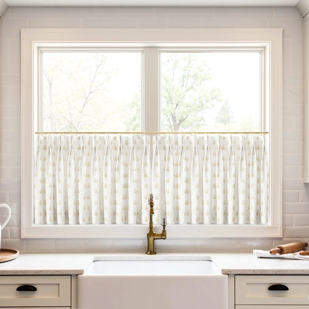 Stefana Silver Print Linen Pleated Cafe Curtains - Elegant Window Treatment for Kitchen, Dining Room & French Doors - Light Filtering & Privacy Sheer Panels