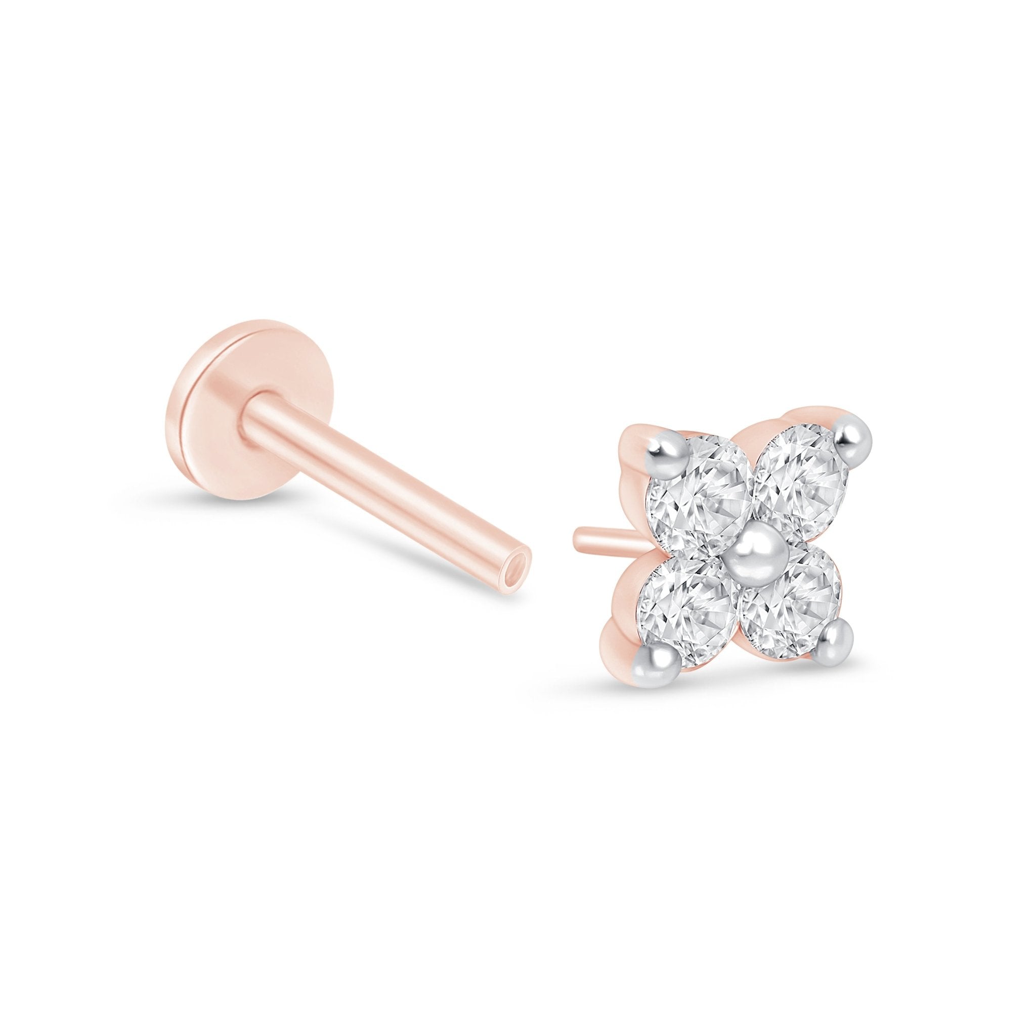 14K Rose Gold Diamond Four Petal Flower Stud Earrings - Dainty Floral Jewelry for Women, Perfect for Weddings, Date Nights & Everyday Elegance