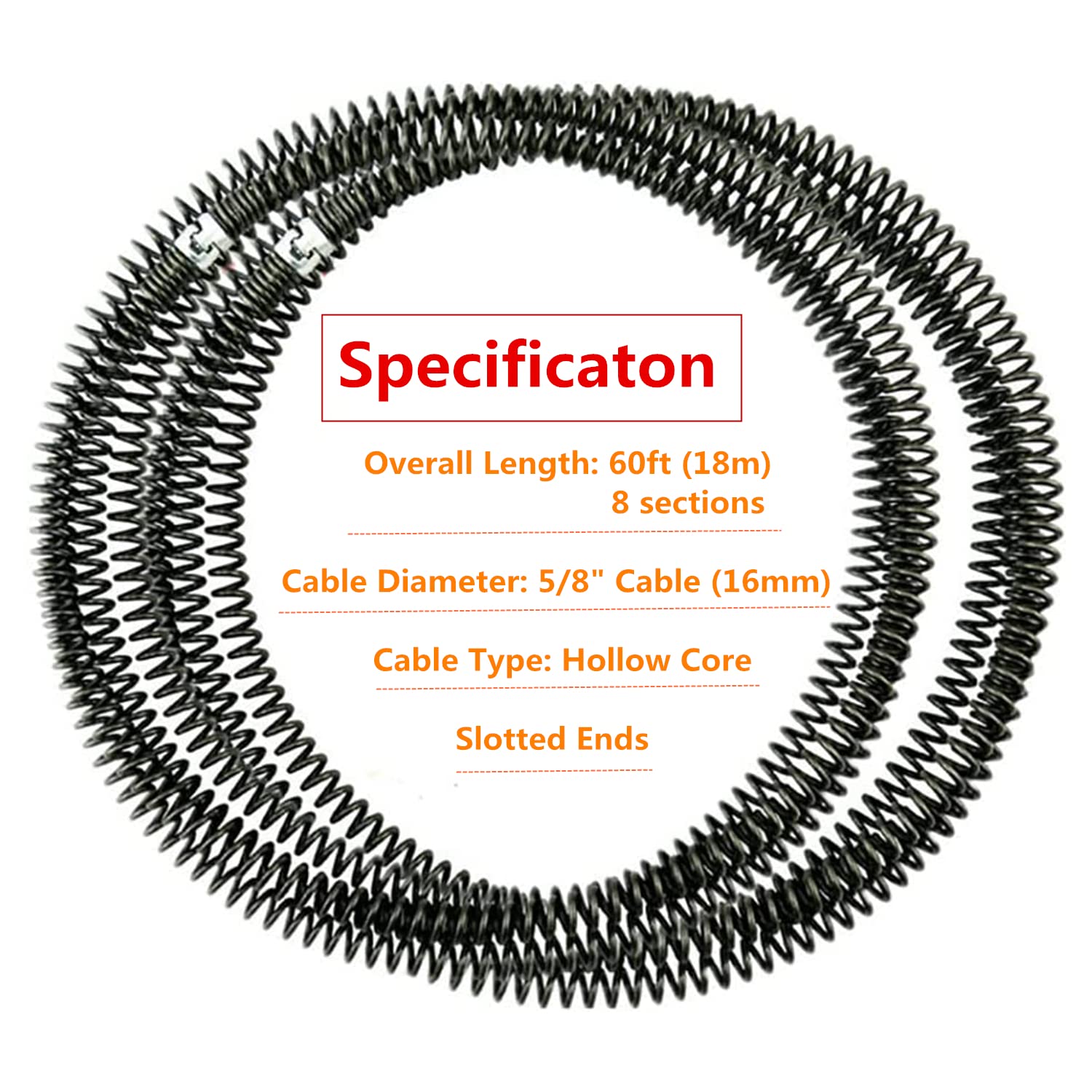 Willbebest 60 Feet x 5/8 Inch Hollow Core Drain Cleaning Cable - Heavy Duty Sewer Snake Auger for Clogged Pipes & Drains - Perfect for Kitchen Sinks, Bathroom Drains, and Outdoor Sewer Lines