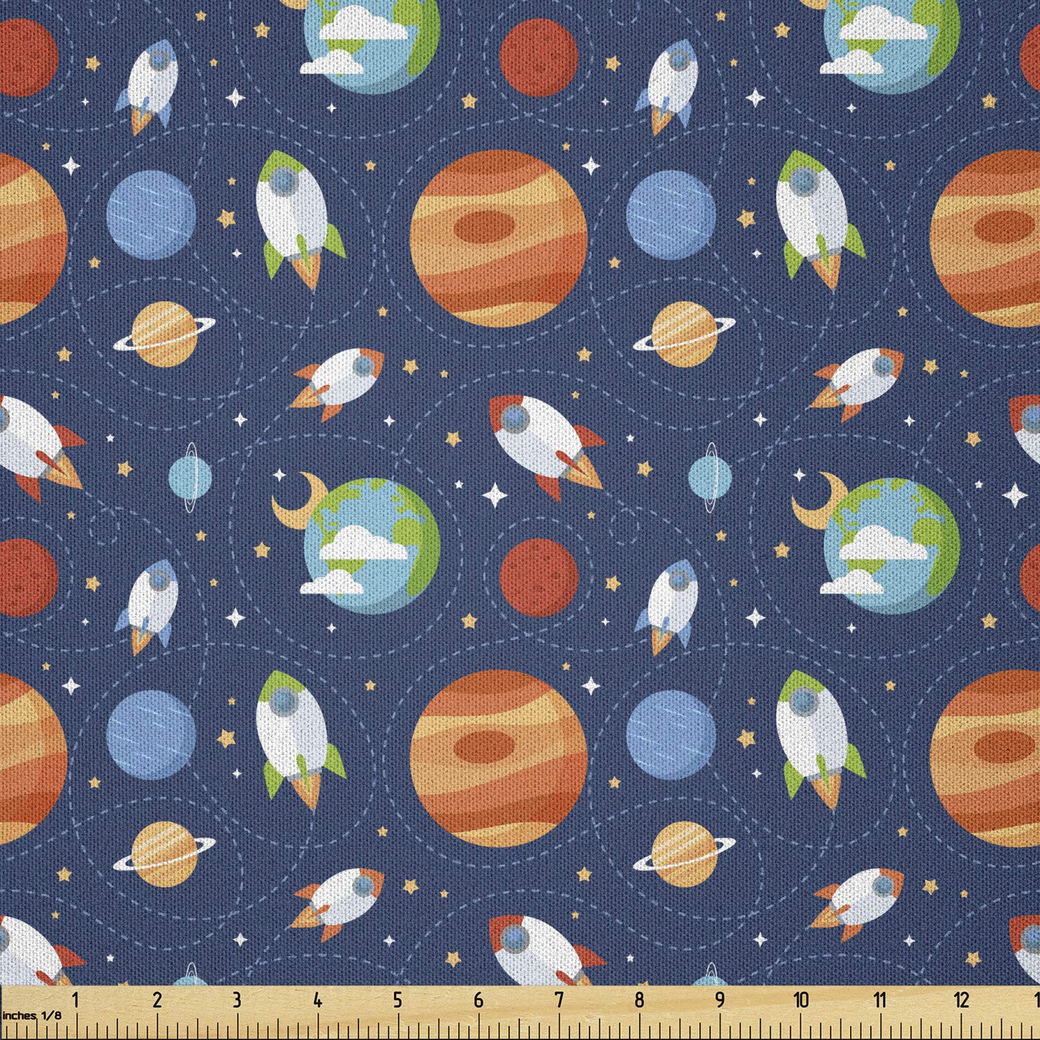 Lunarable Outer Space Fabric by The Yard - Comic Style Planets & Spaceships on Night Blue Starry Background | Microfiber Material for DIY Crafts, Sewing Projects & Home Decor (10 Yards, Orange) - Perfect for Space-Themed Bedding, Curtains & Wall Hangings