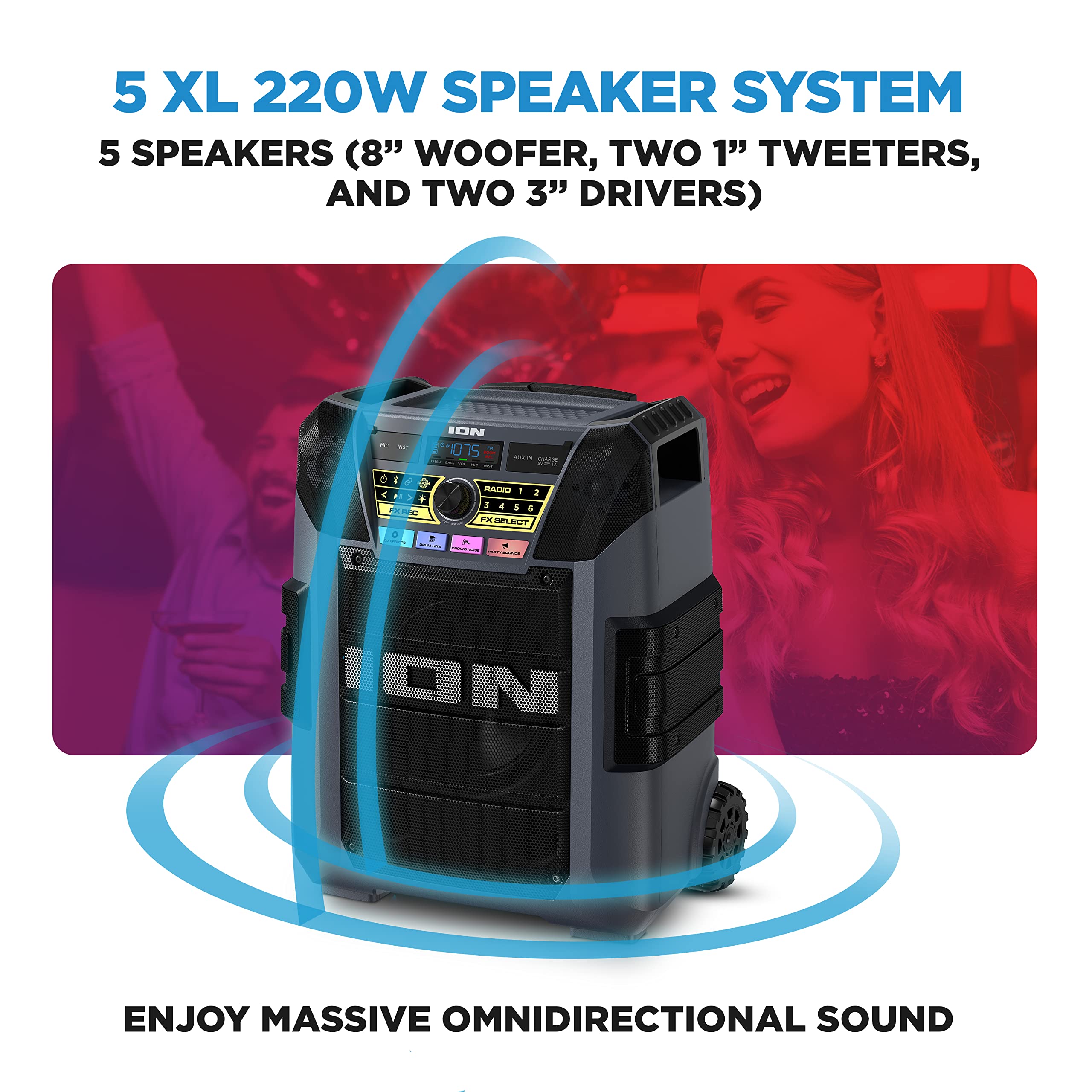 ION Block Rocker XL - 220W Portable Bluetooth Party Speaker with Karaoke Mic, Rechargeable Battery, 5 Speakers, LED Lights, FM Radio, USB Charging & App - Perfect for Outdoor Events, Beach Parties, Backyard BBQs and Tailgating