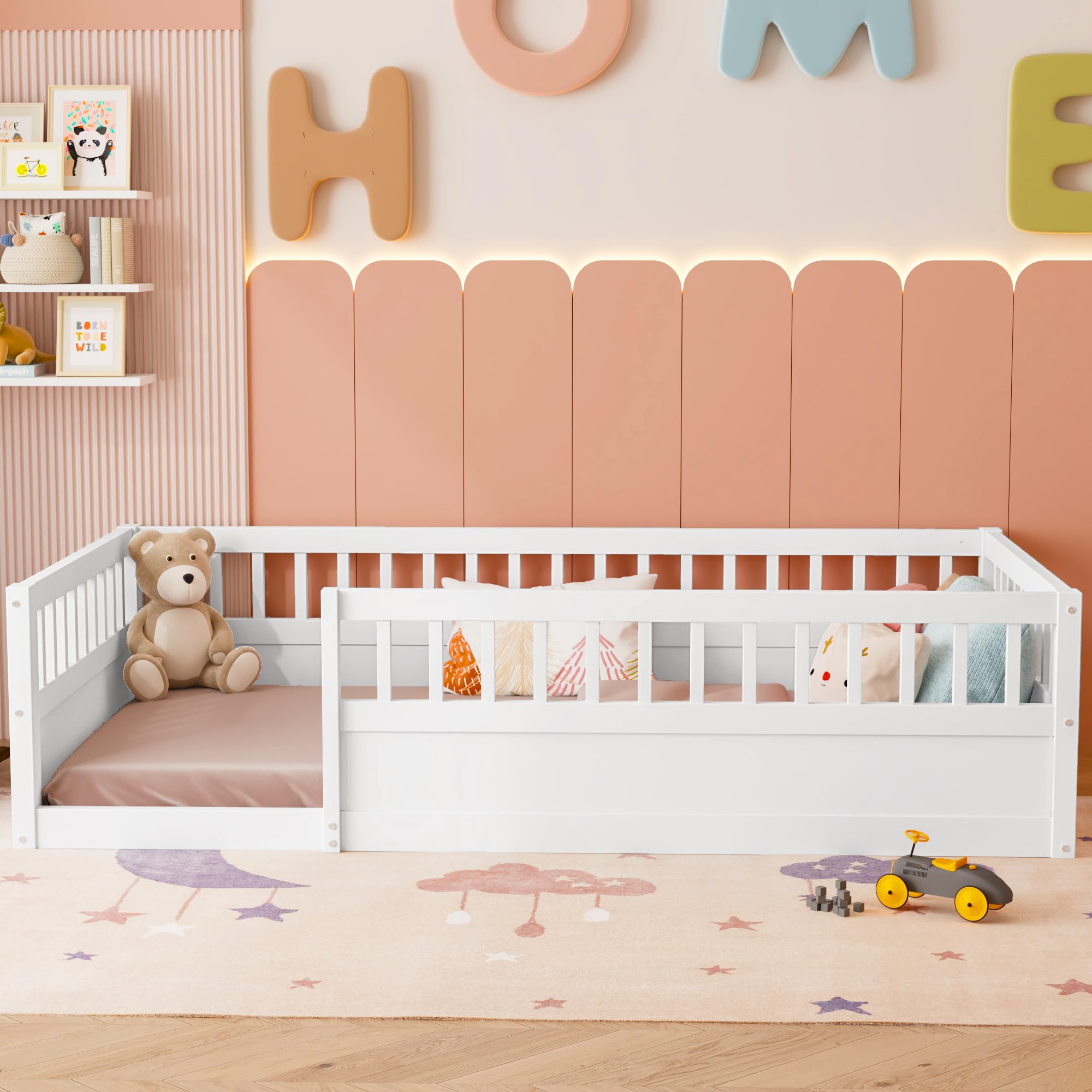 Bellemave Twin Size Montessori Floor Bed for Kids - Wooden Playhouse Bed with High Safety Railings for Baby Boys, Girls & Teens - No Slats Included (White) - Perfect for Montessori Rooms, Daycare Centers & Safe Toddler Sleep Spaces