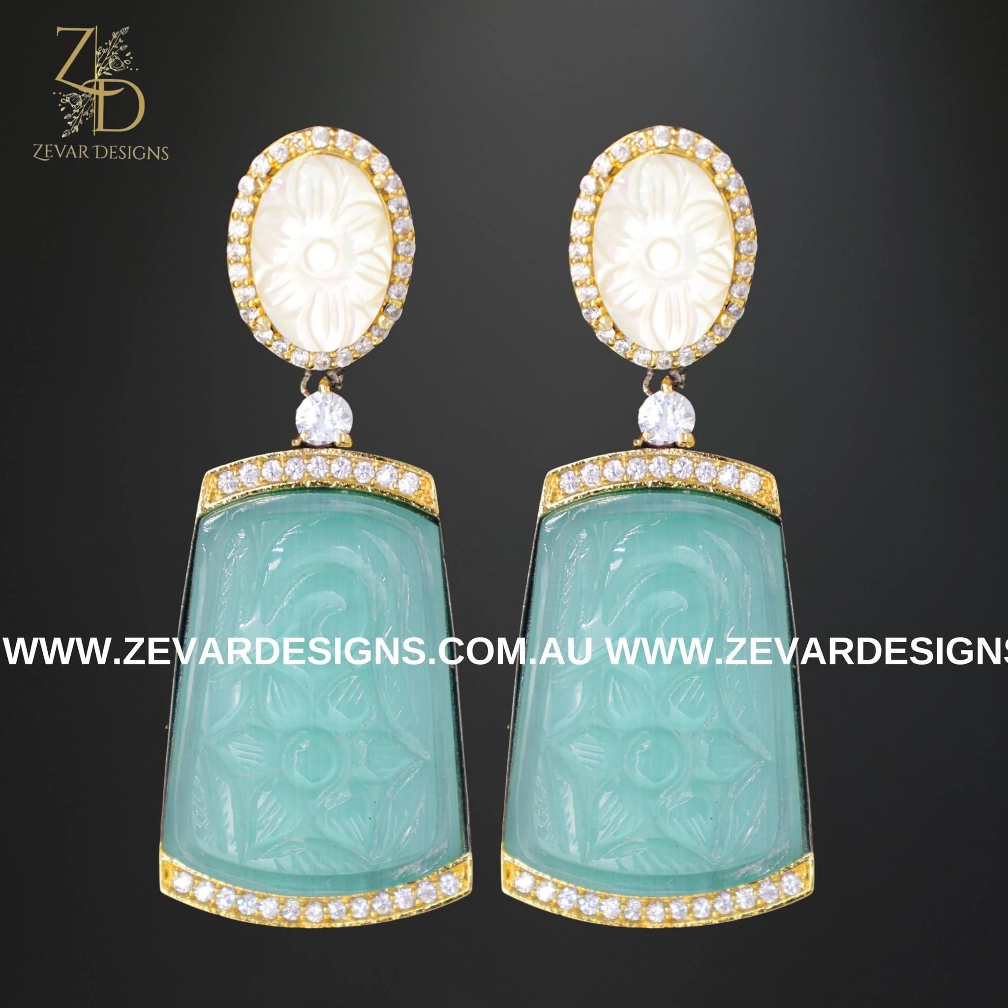 Exquisite Kundan AD Earrings with Hand-Carved Aqua Stone - Perfect for Weddings, Parties & Ethnic Fashion