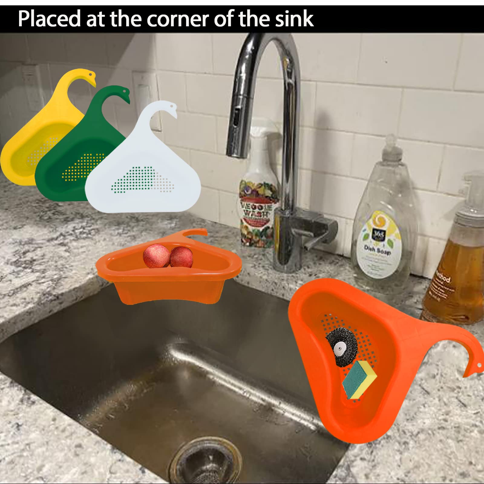 Swan Drain Basket for Kitchen Sink - 4 Pack Multifunctional Triangle Sink Filter, Vegetable & Fruit Drainer Rack, Kitchen Waste Drainer Basket - Perfect for Washing Produce, Draining Dishes, and Organizing Sink Area