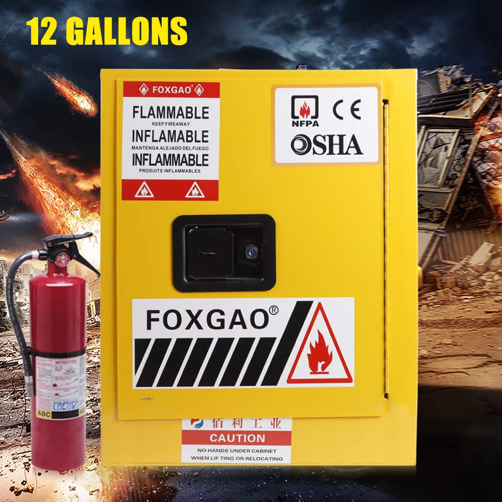 12 Gallon Flammable Safety Cabinet - Yellow Steel Chemical Storage with Adjustable Shelves & Manual Close Door | OSHA Compliant for Workshop, Garage & Laboratory Use