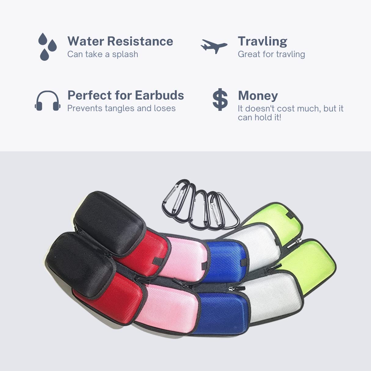 5 Pack Rectangle Earbuds Case - Protective Earphone Storage Pouch with Carabiner Clip (Pink, Blue, Black, Red, Green) | Multi-Functional Carrying Case for AirPods, Galaxy Buds & Wireless Earbuds | Travel, Gym & Outdoor Use